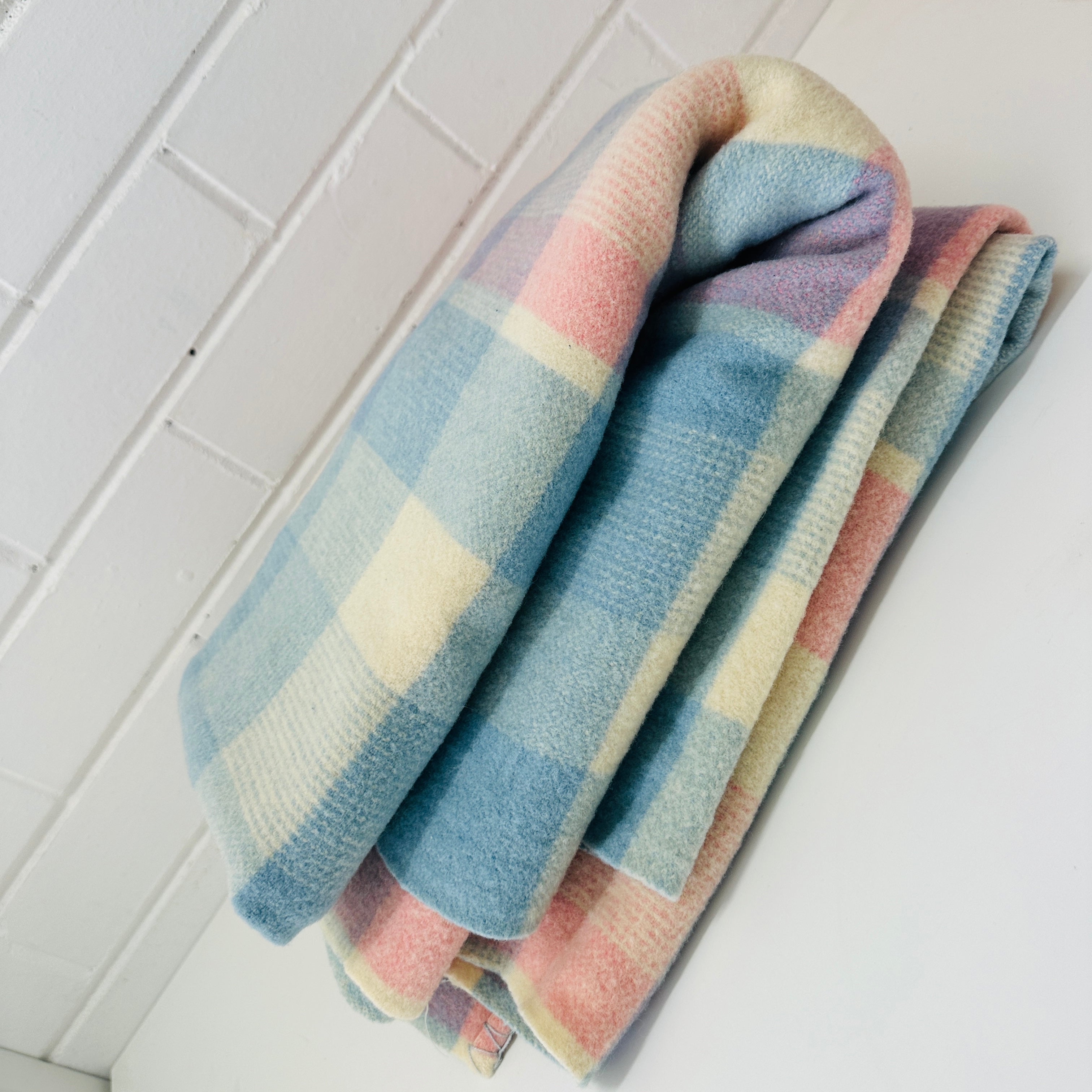 Vintage Pink & Blue Wool Blanket