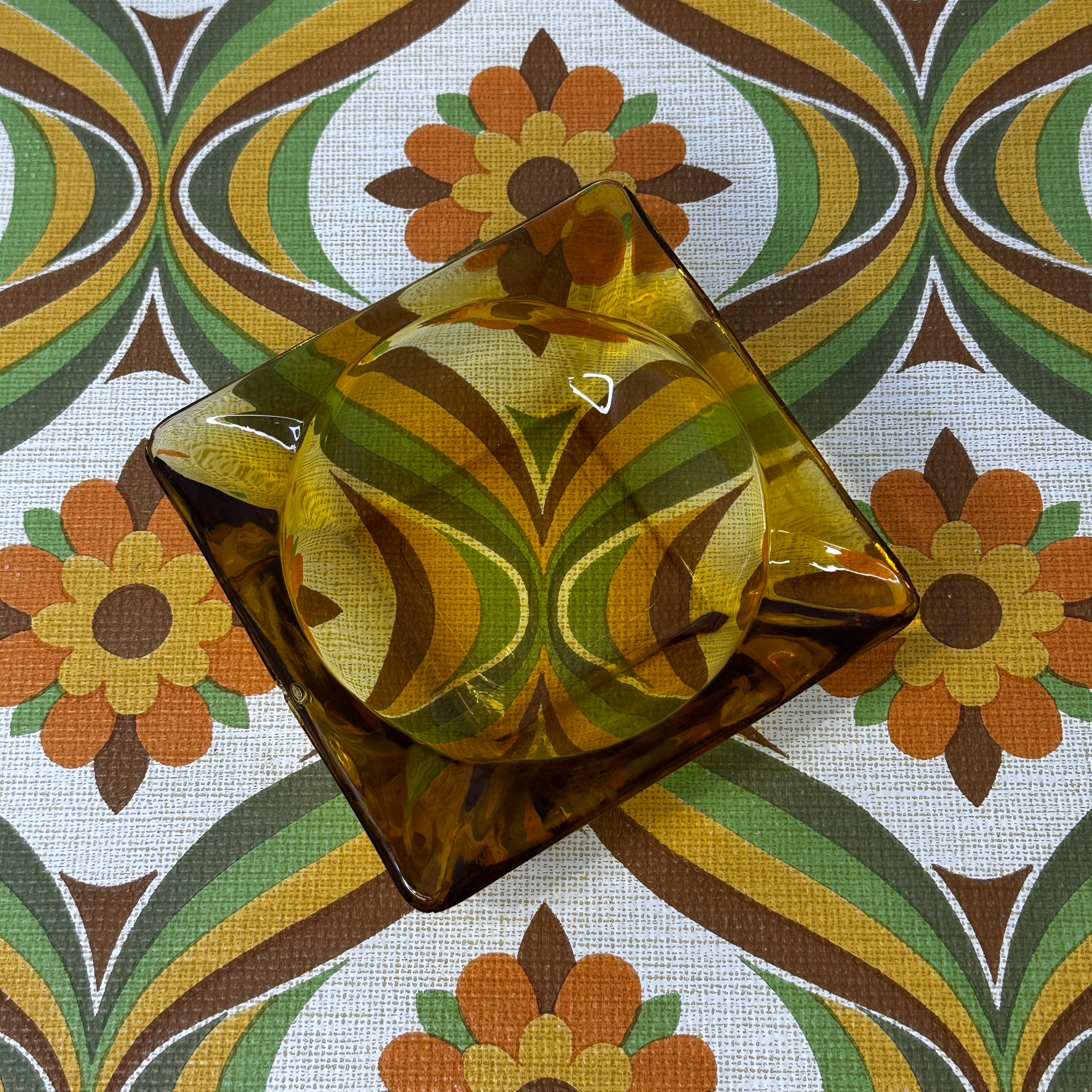 Vintage Amber Glass Ashtray | Retro | 14cm