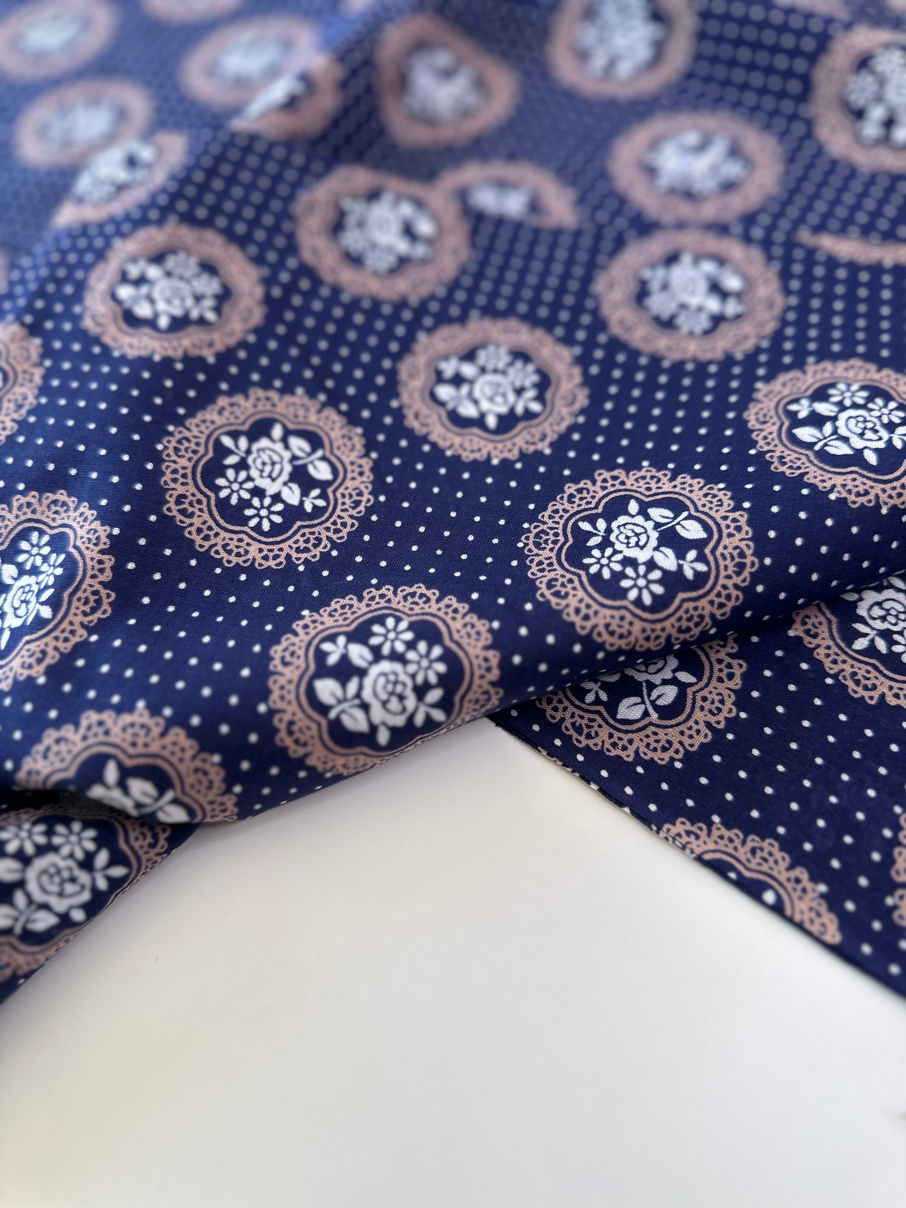 225cms Navy Blue Vintage Cotton Fabric