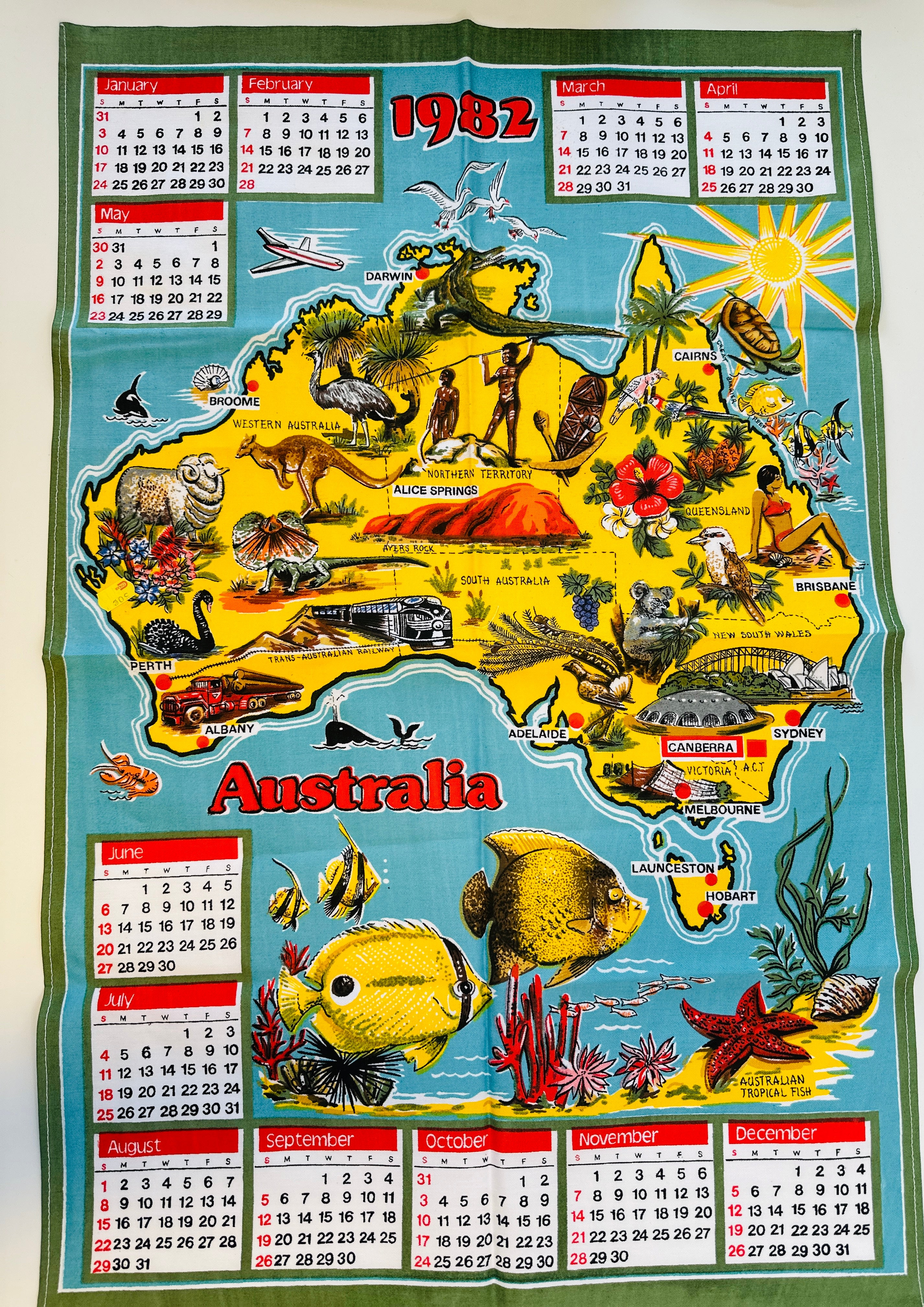 1982 Vintage Australia Tea Towel Cotton Original Sticker