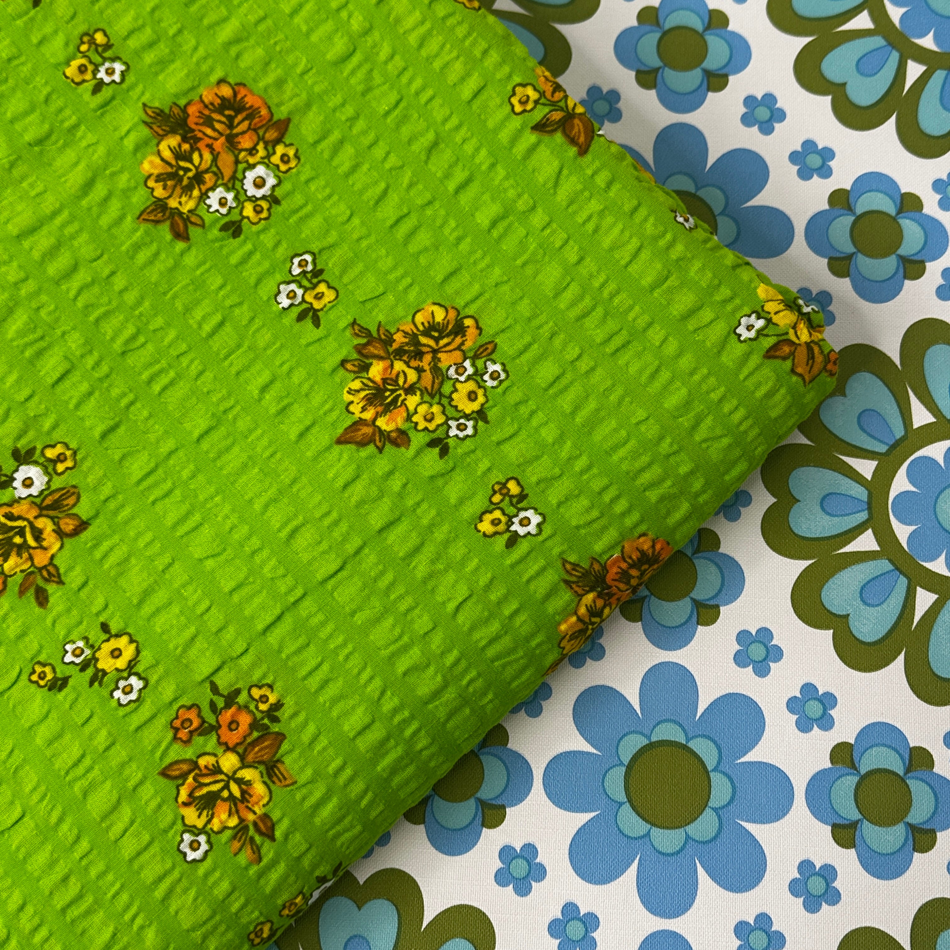 Vintage 1970s Lime Green Floral Cotton Tablecloth | Retro Kitchen | As NEW