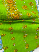 Vintage 1970s Lime Green Floral Cotton Tablecloth | Retro Kitchen | As NEW