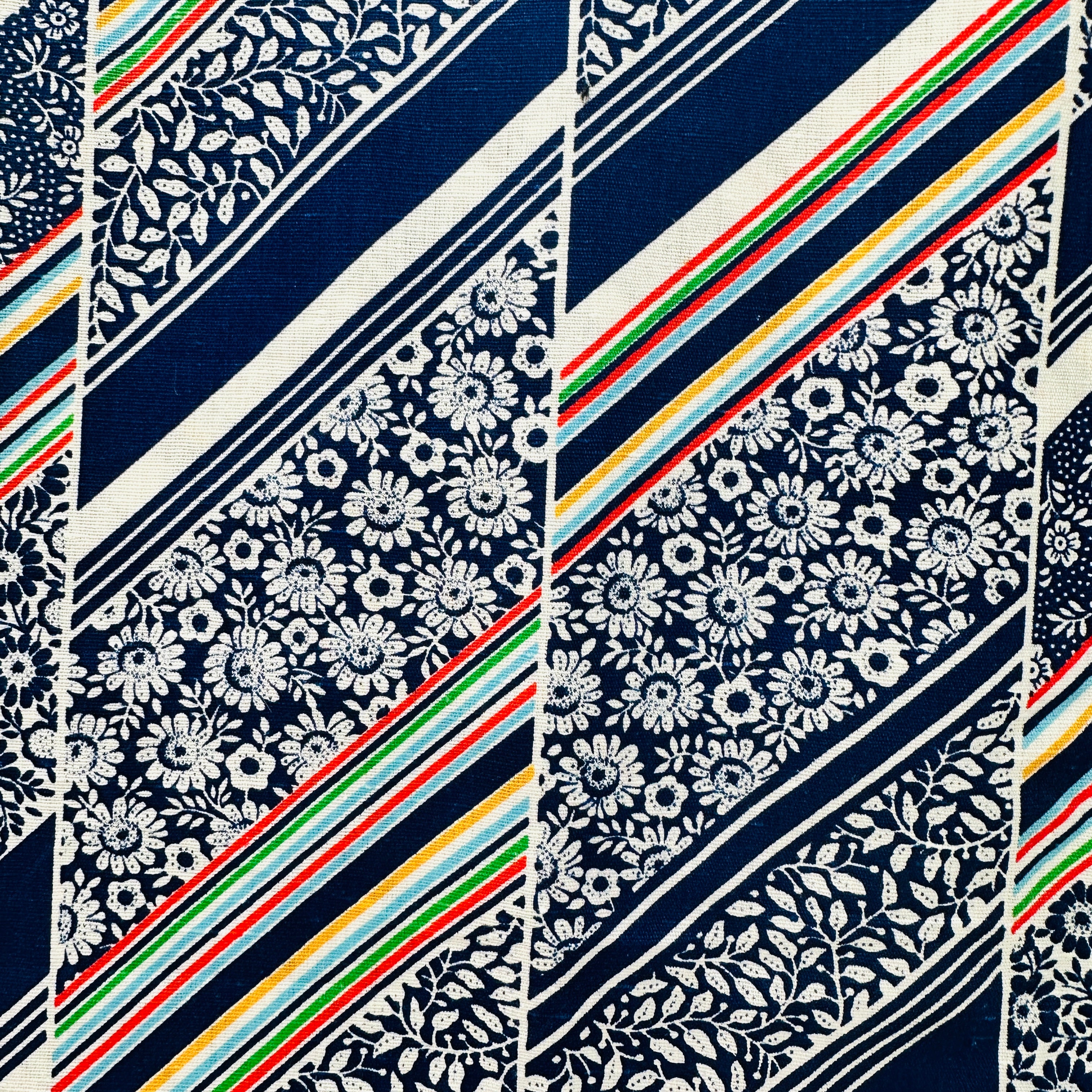 160cms Vintage Blue Stripes & Floral Fabric Cotton