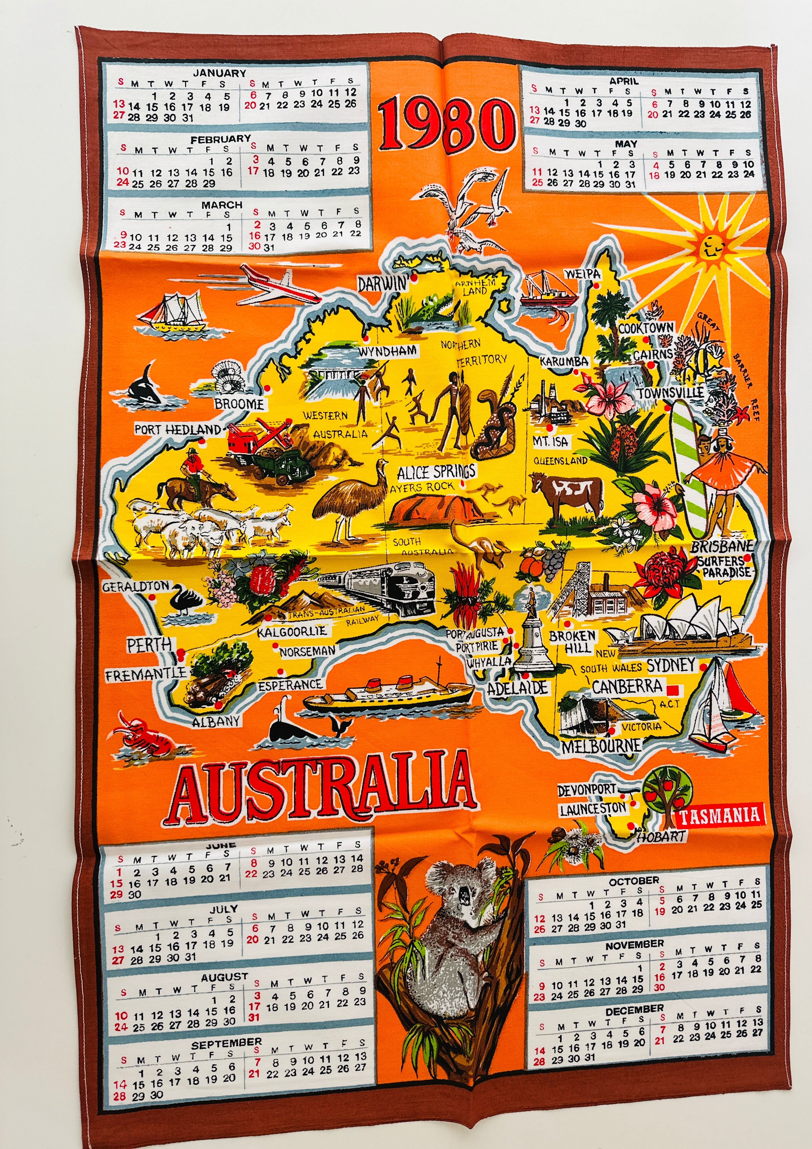 UNUSED Collectable 1980 Calendar Tea Towel AUSTRALIA