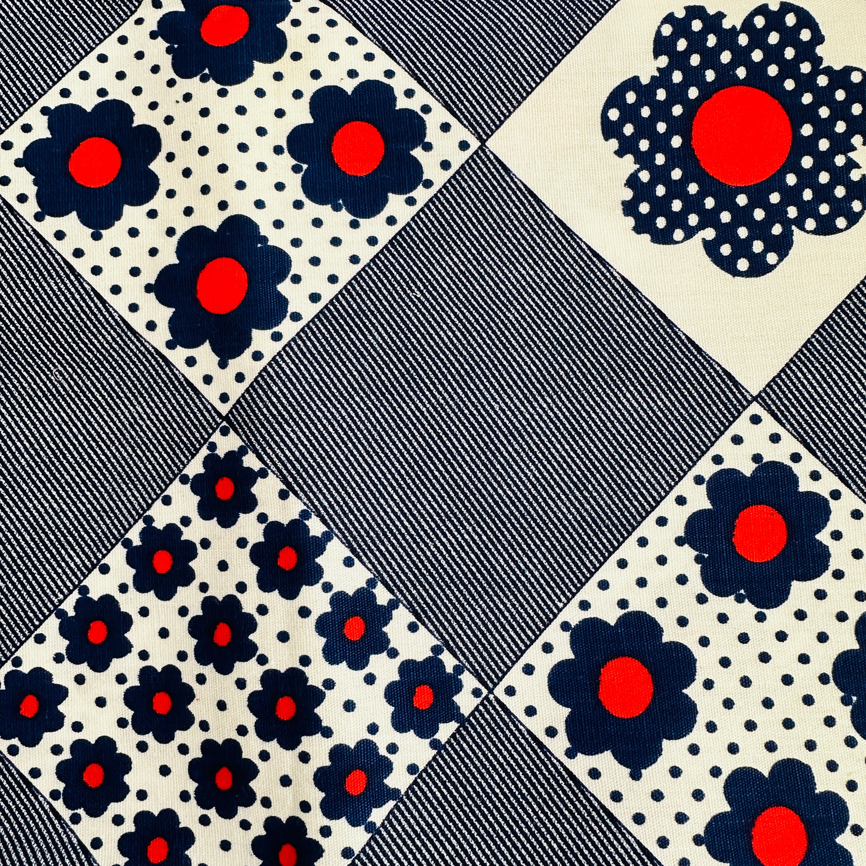 Navy Blue & Red Floral VINTAGE Fabric Cotton