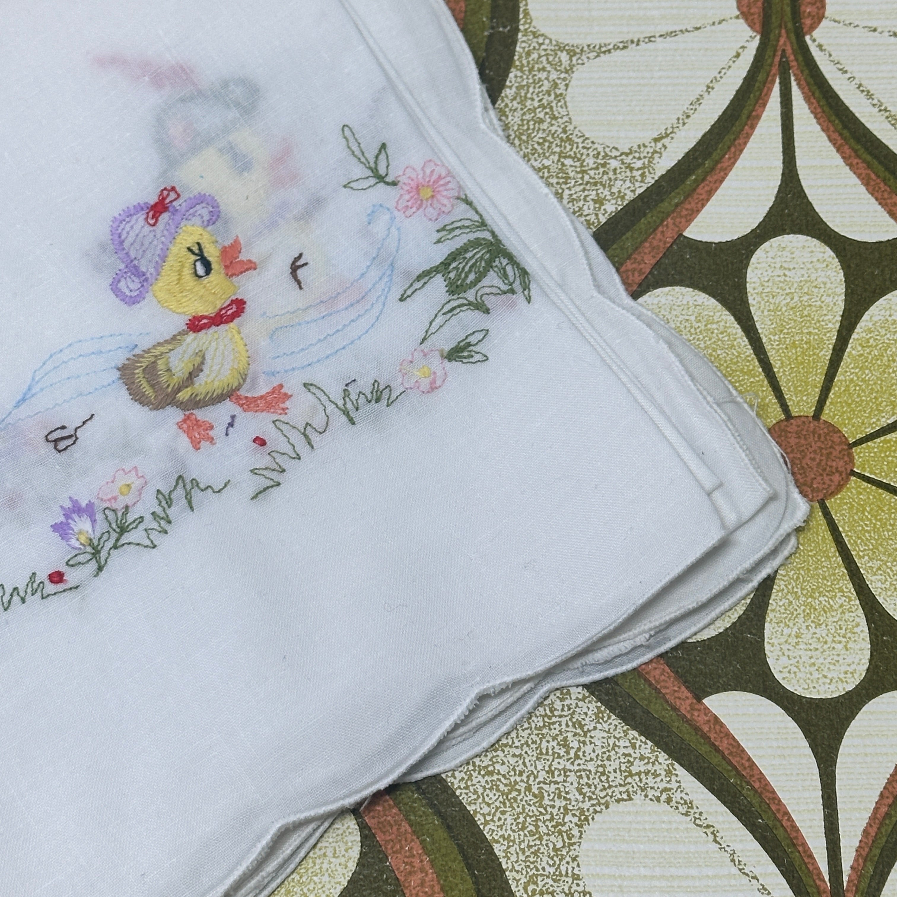 Crisp White Embroidered Tablecloth Flowers & Ducks Vintage