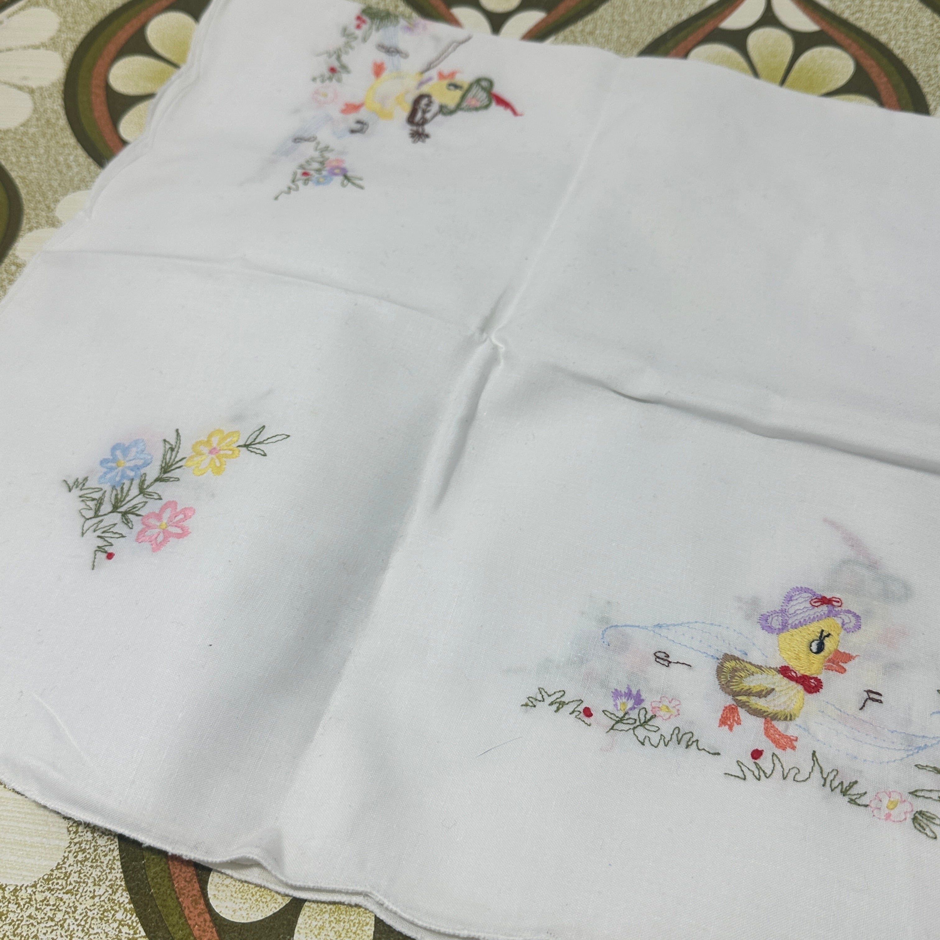 Crisp White Embroidered Tablecloth Flowers & Ducks Vintage