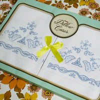 Vintage Hand-Embroidered Pillowcases | Blue & White | Pair