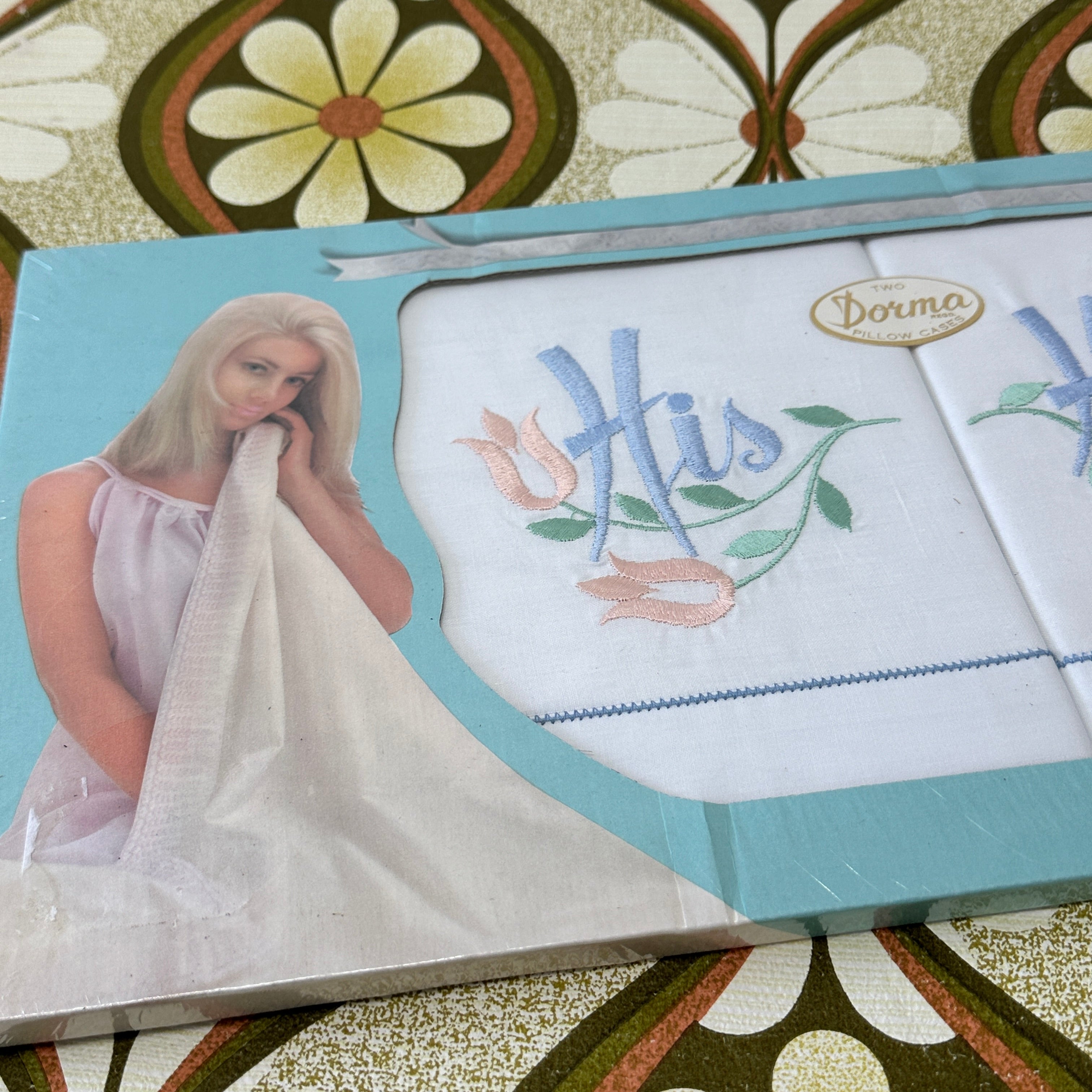 BOXED Retro Vintage Cotton His Her Pillow Cases DORMA