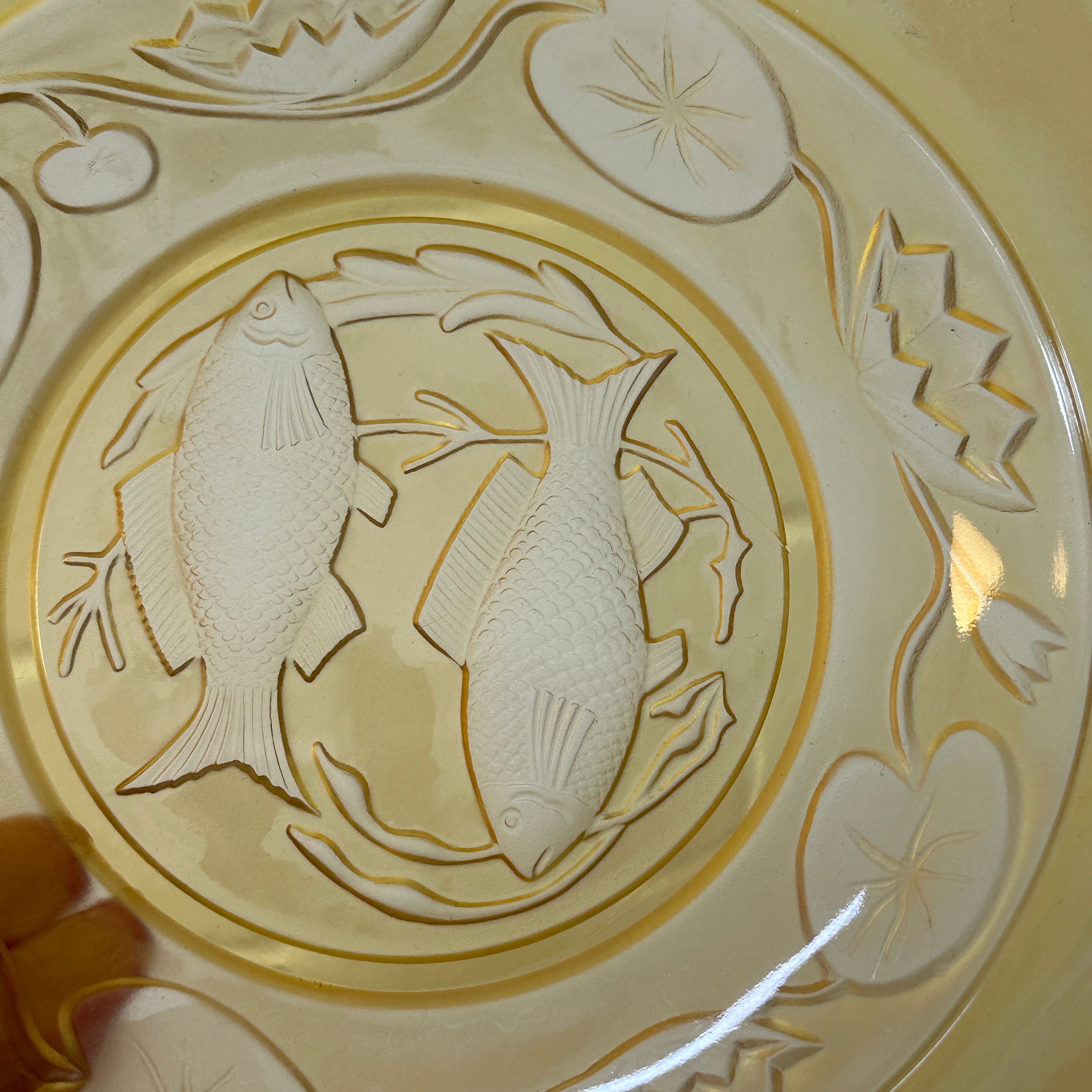 TWO Vintage Retro Amber Glass Plates Fish