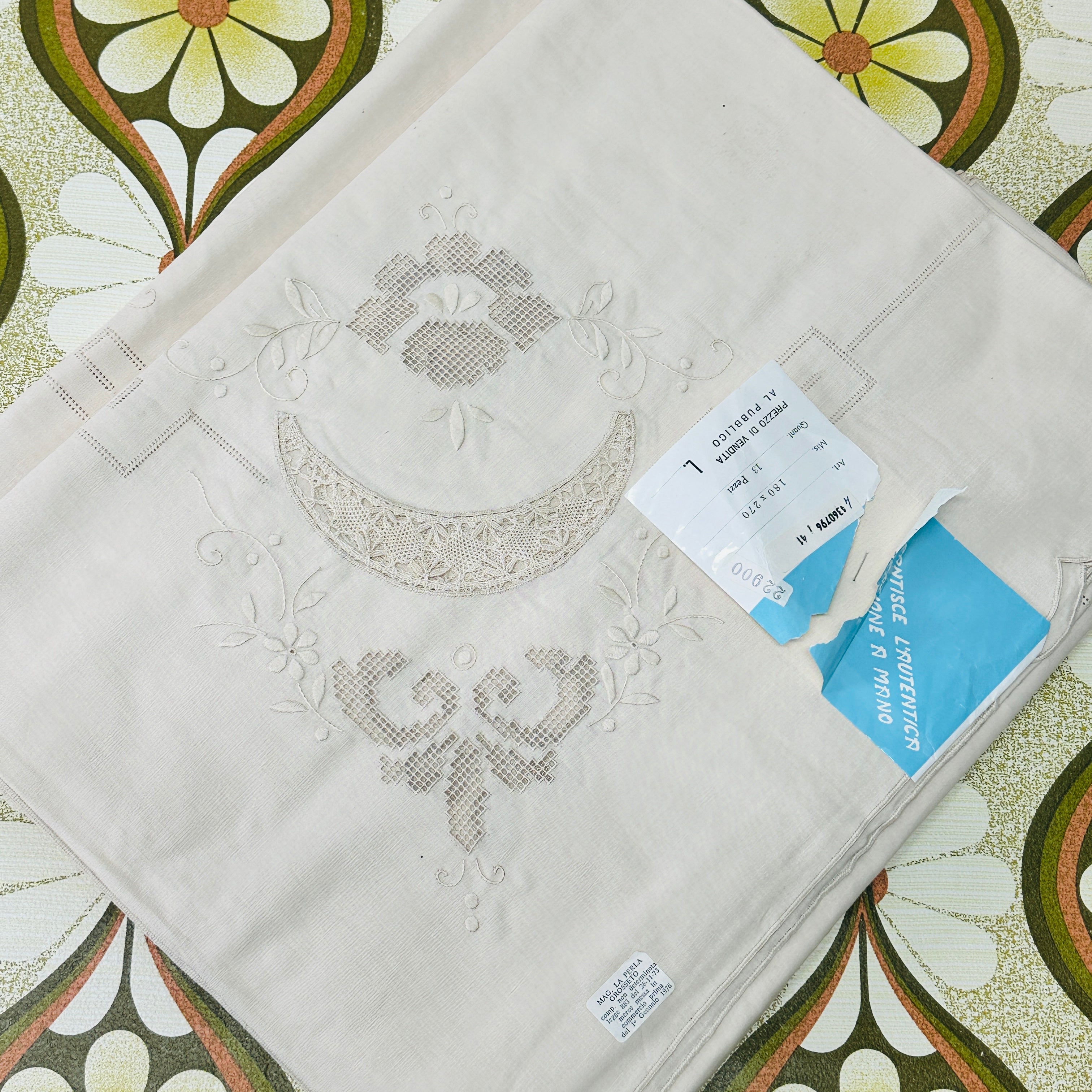 AMAZING Vintage Embroidered Italian Tablecloth HUGE Plus Napkins