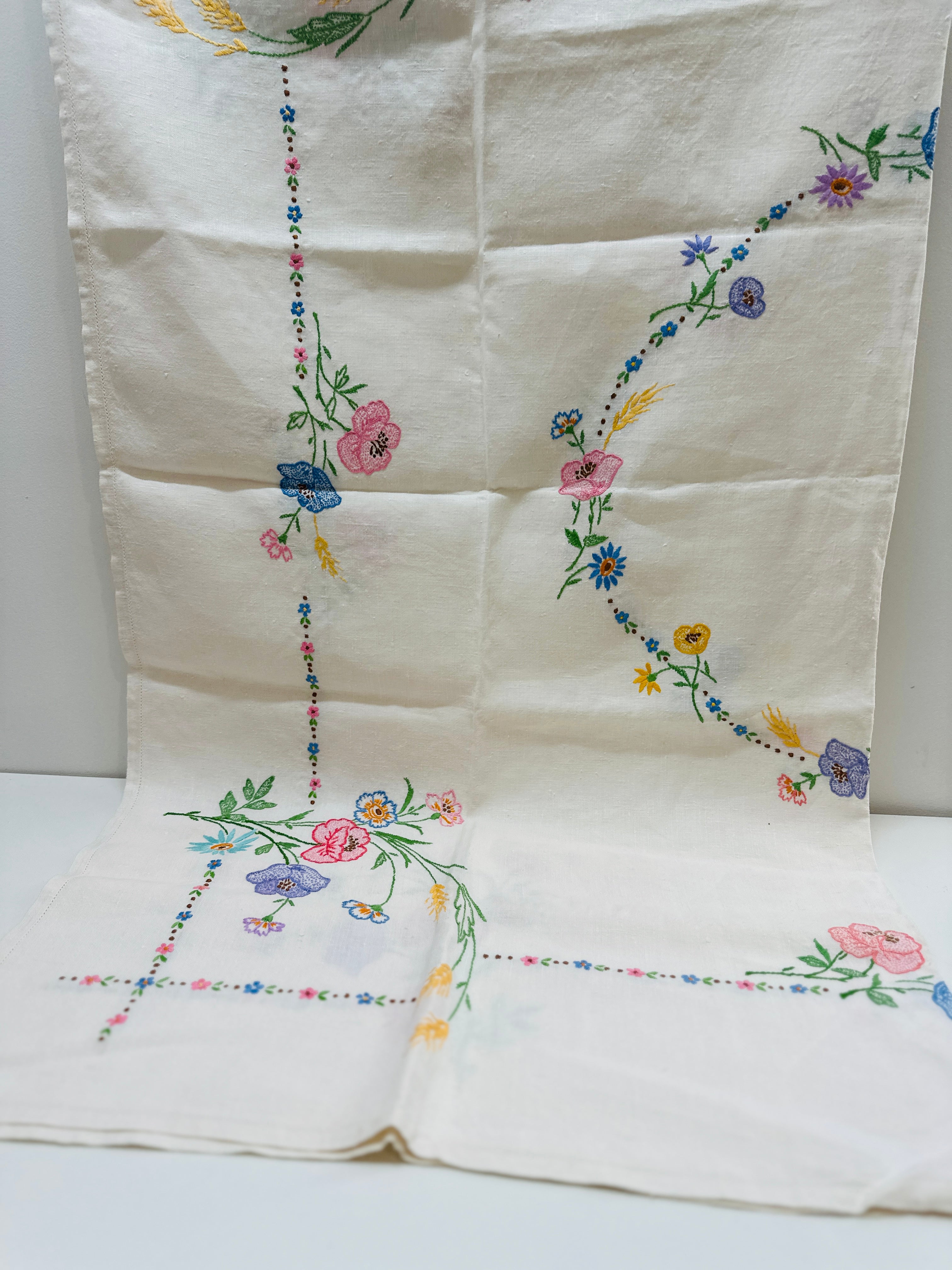 Embroidered Vintage Linen Tablecloth