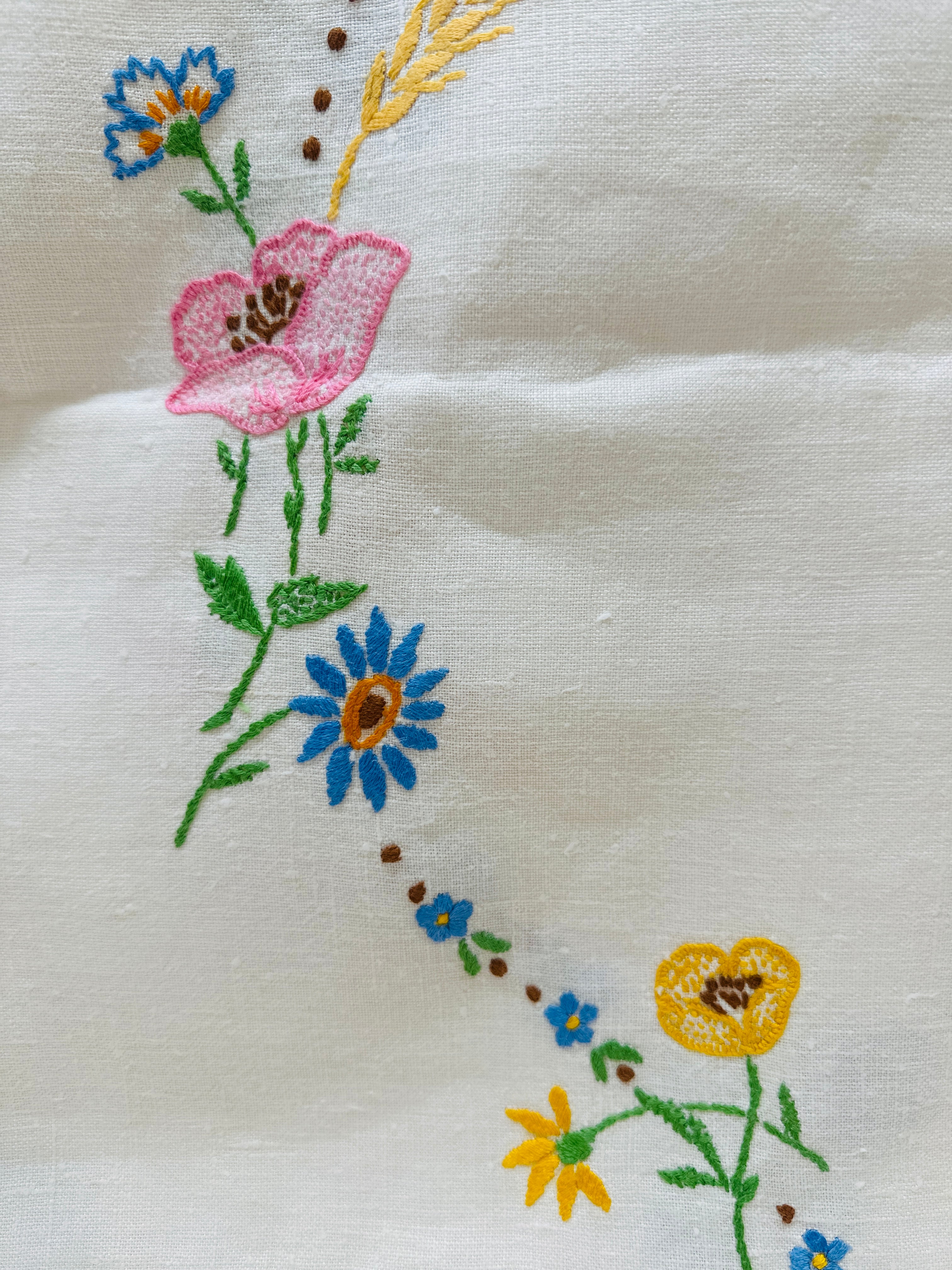 Embroidered Vintage Linen Tablecloth