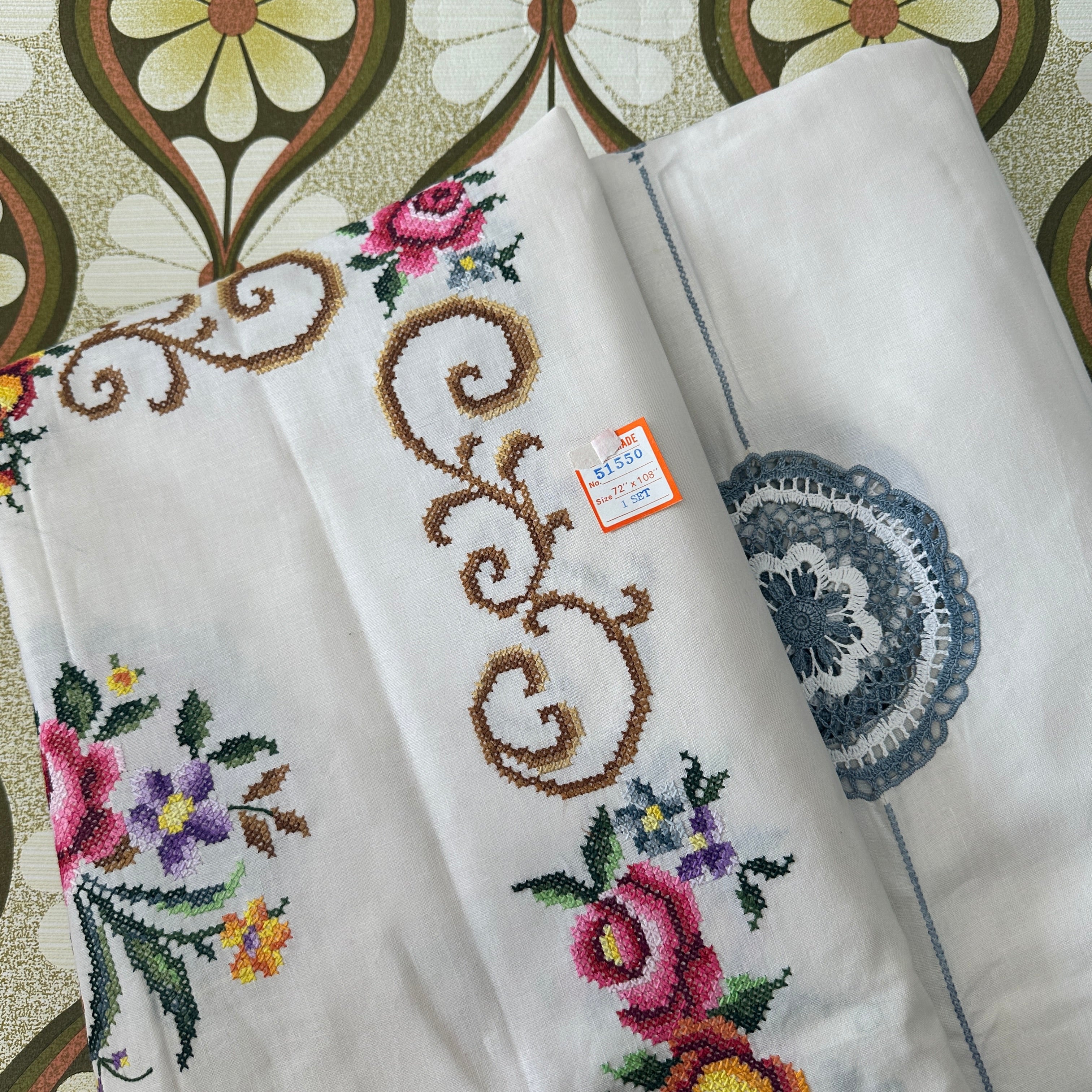 UNUSED Vintage Table Cloth TAGS Embroidered