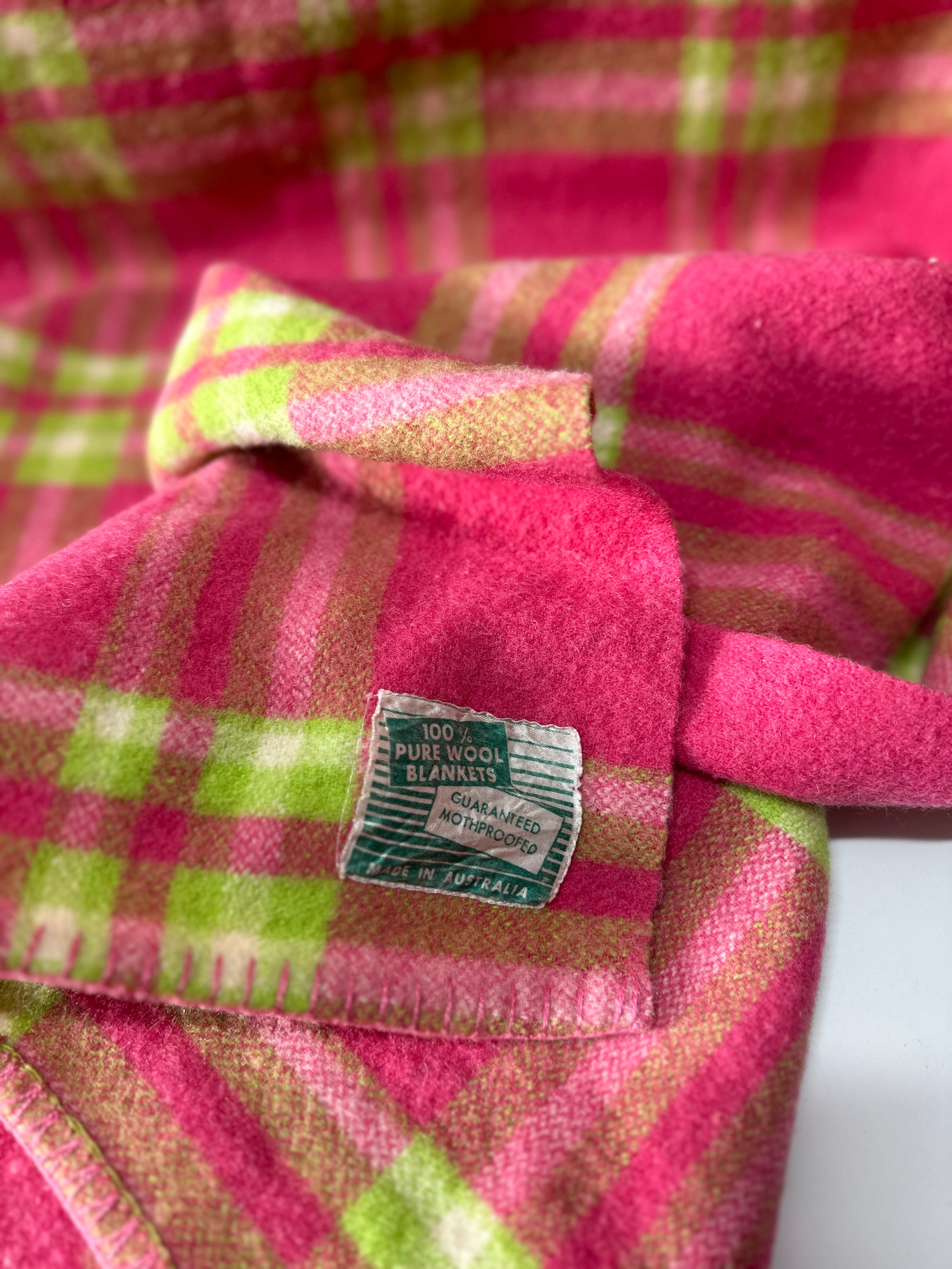 Pink & Green Bright Vintage Blanket WOOL