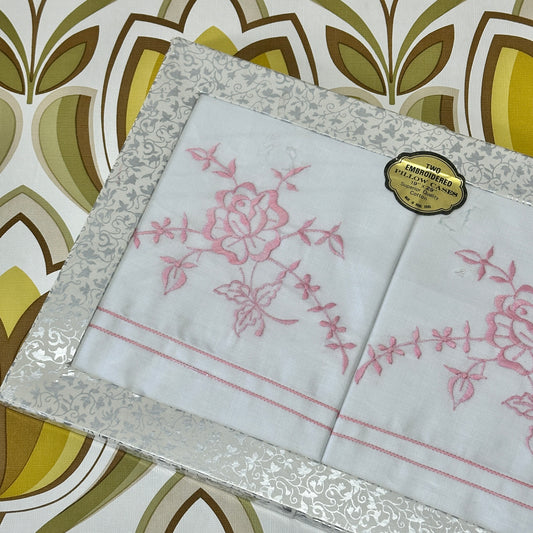 Pair of EMBROIDERED Pillow CASES Cotton PINK