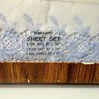 DOUBLE Bed Sheet Set RETRO Embroidered Boxed BLUE