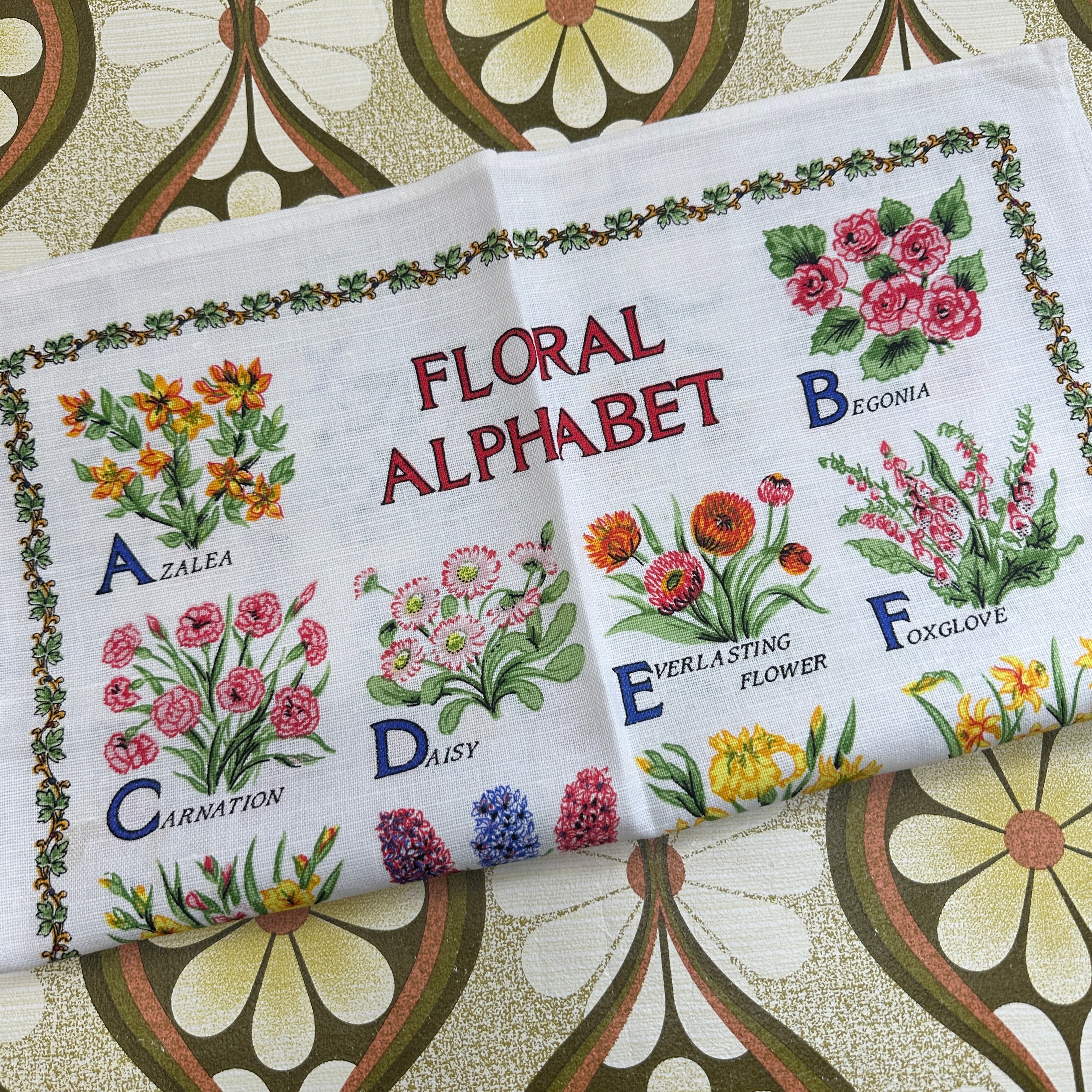 Vintage Tea Towel UNUSED Floral Alphabet