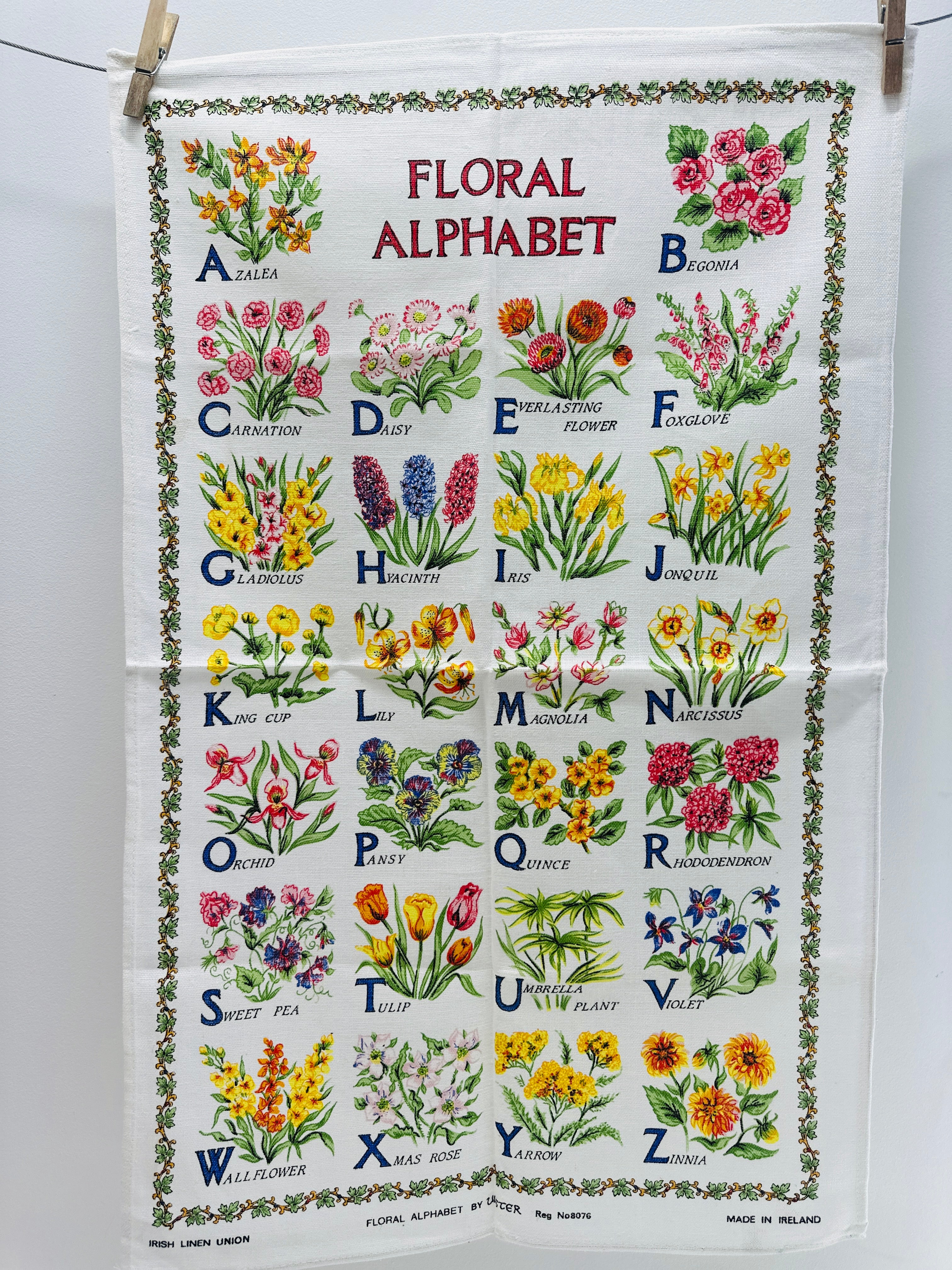 Vintage Tea Towel UNUSED Floral Alphabet