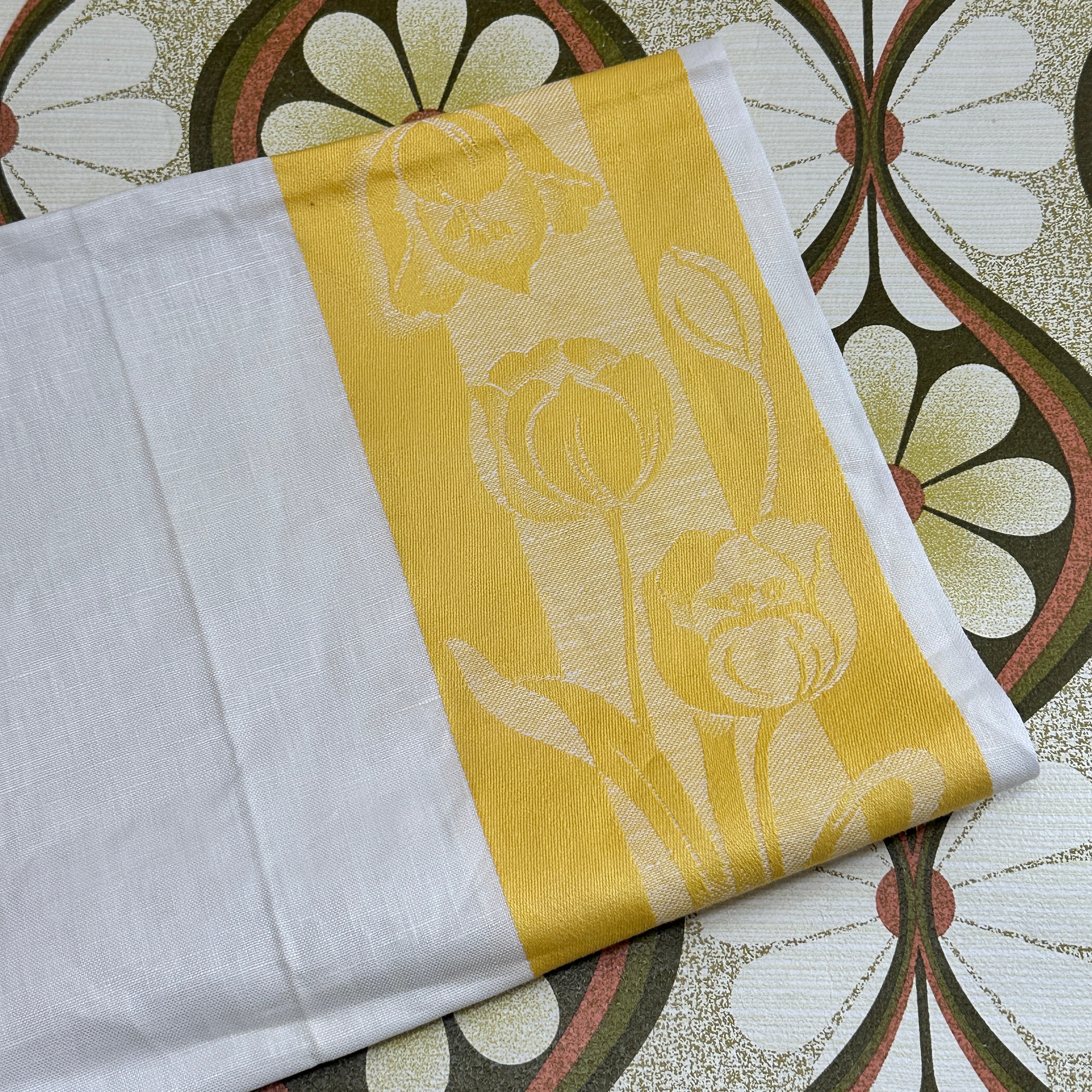 Vintage Tea Towel  Unused  Linen Yellow Floral Print HUGE