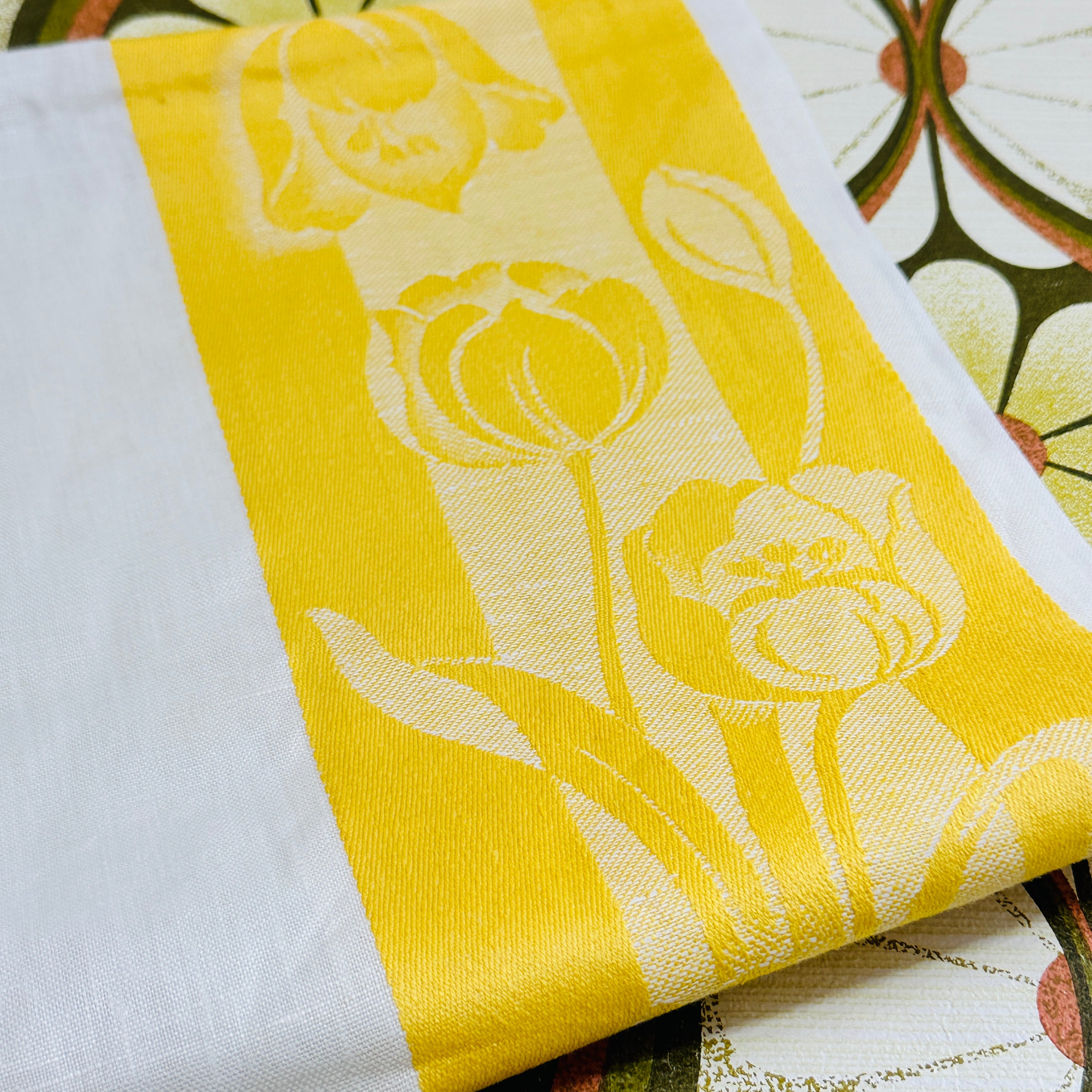 Vintage Tea Towel  Unused  Linen Yellow Floral Print HUGE