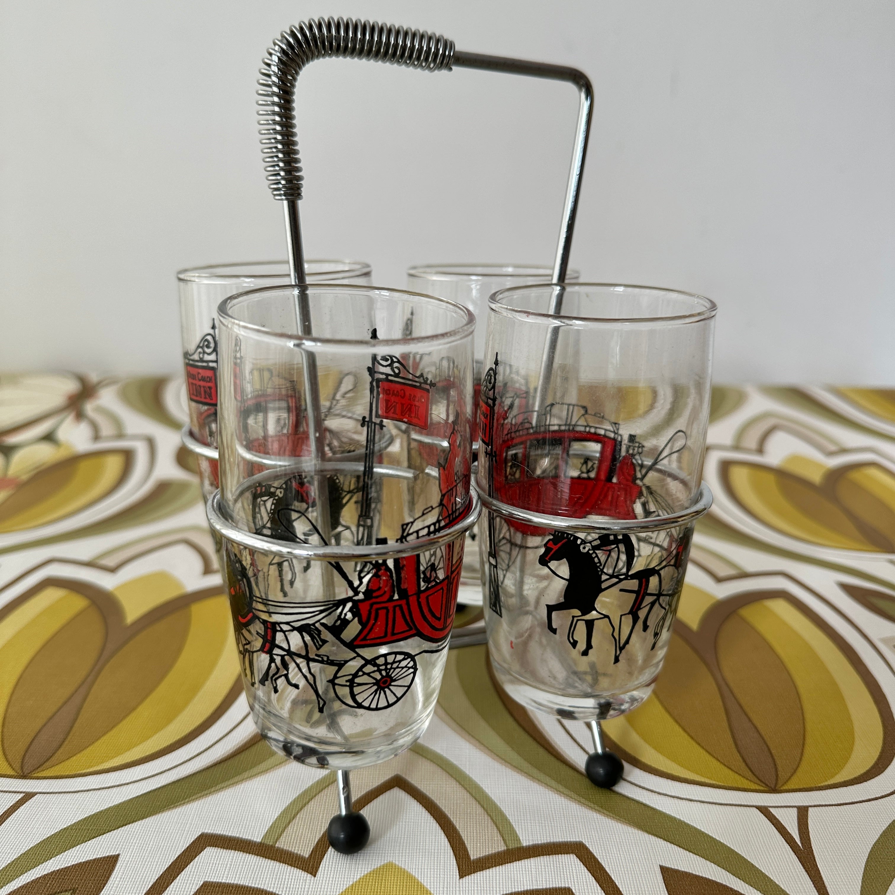 Set of FOUR Glasses Horse Carriage in HOLDER