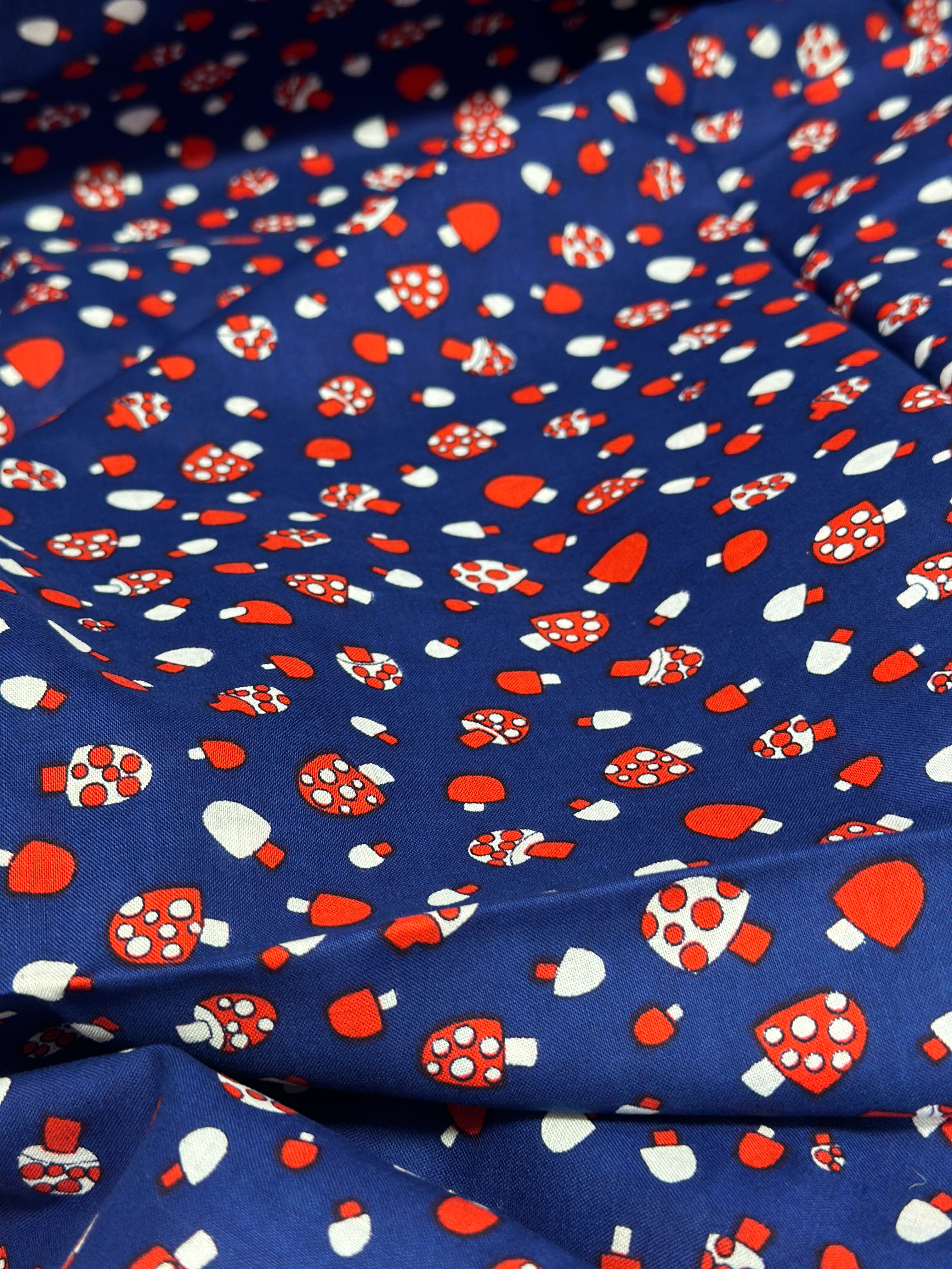 400cms Cute Mushroom Blue Cotton Fabric Vintage