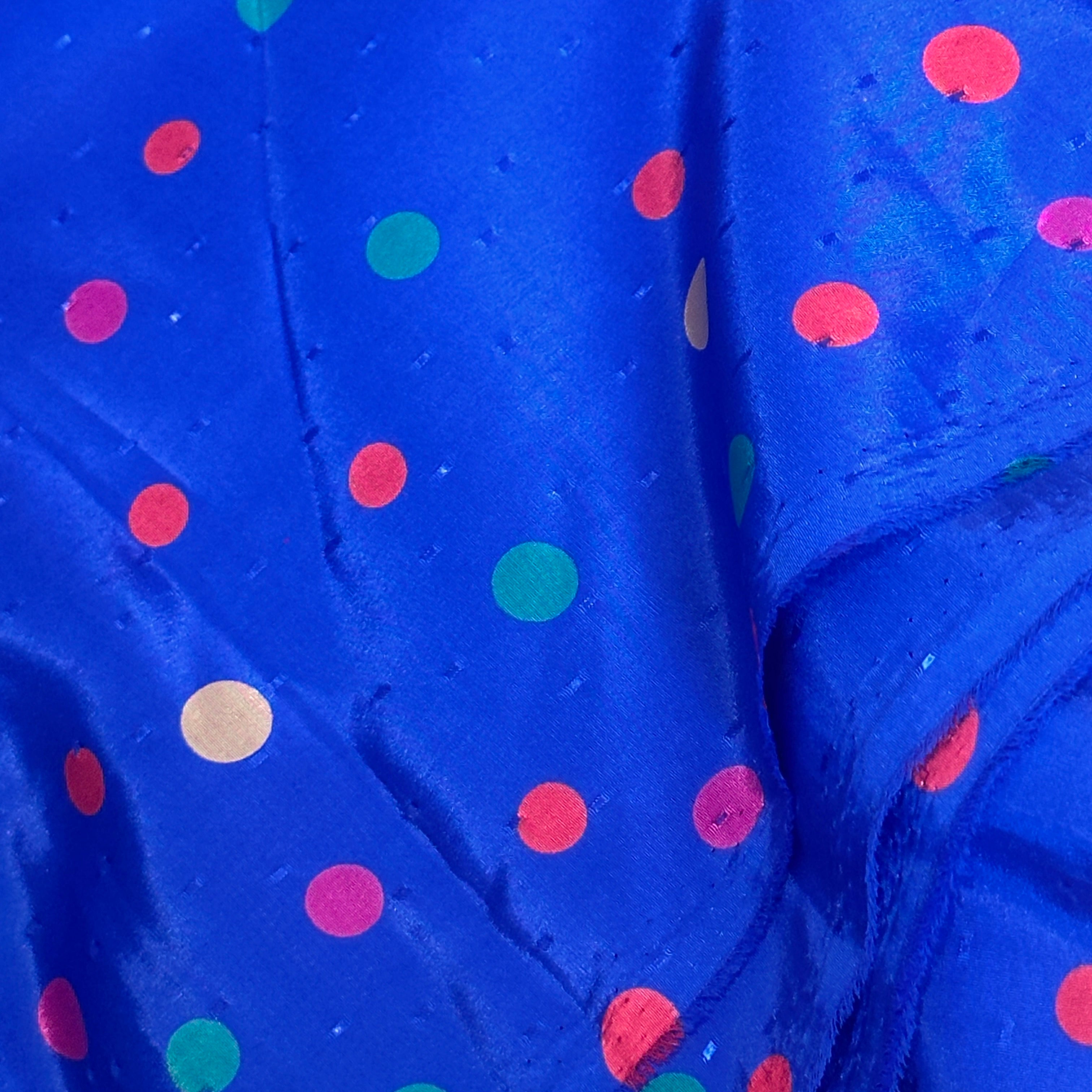 280cms Beautiful Vintage Silky Fabric Blue Polka Dots