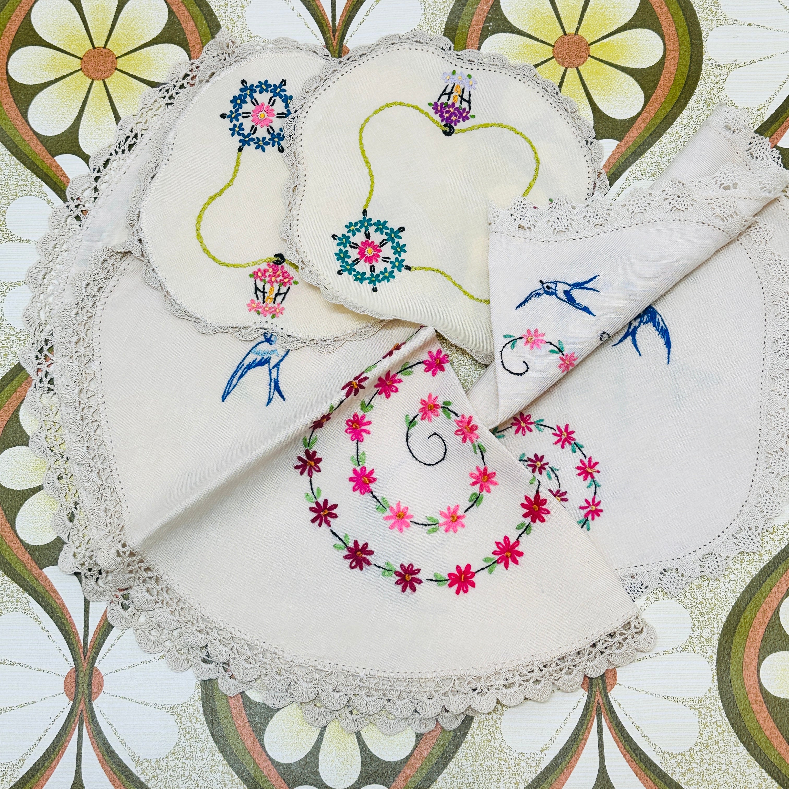 Vintage Hand Embroidered Linen Doilies