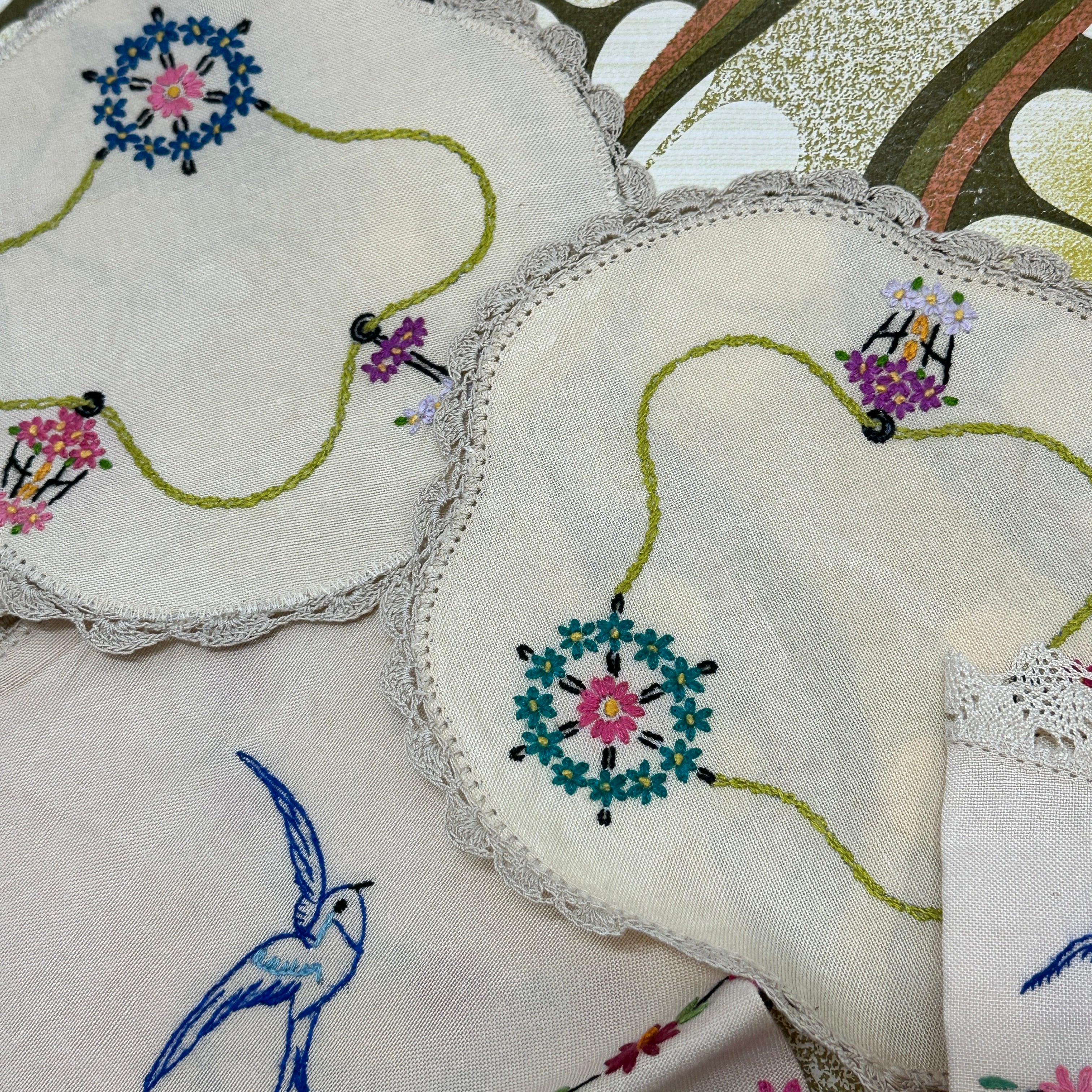 Vintage Hand Embroidered Linen Doilies