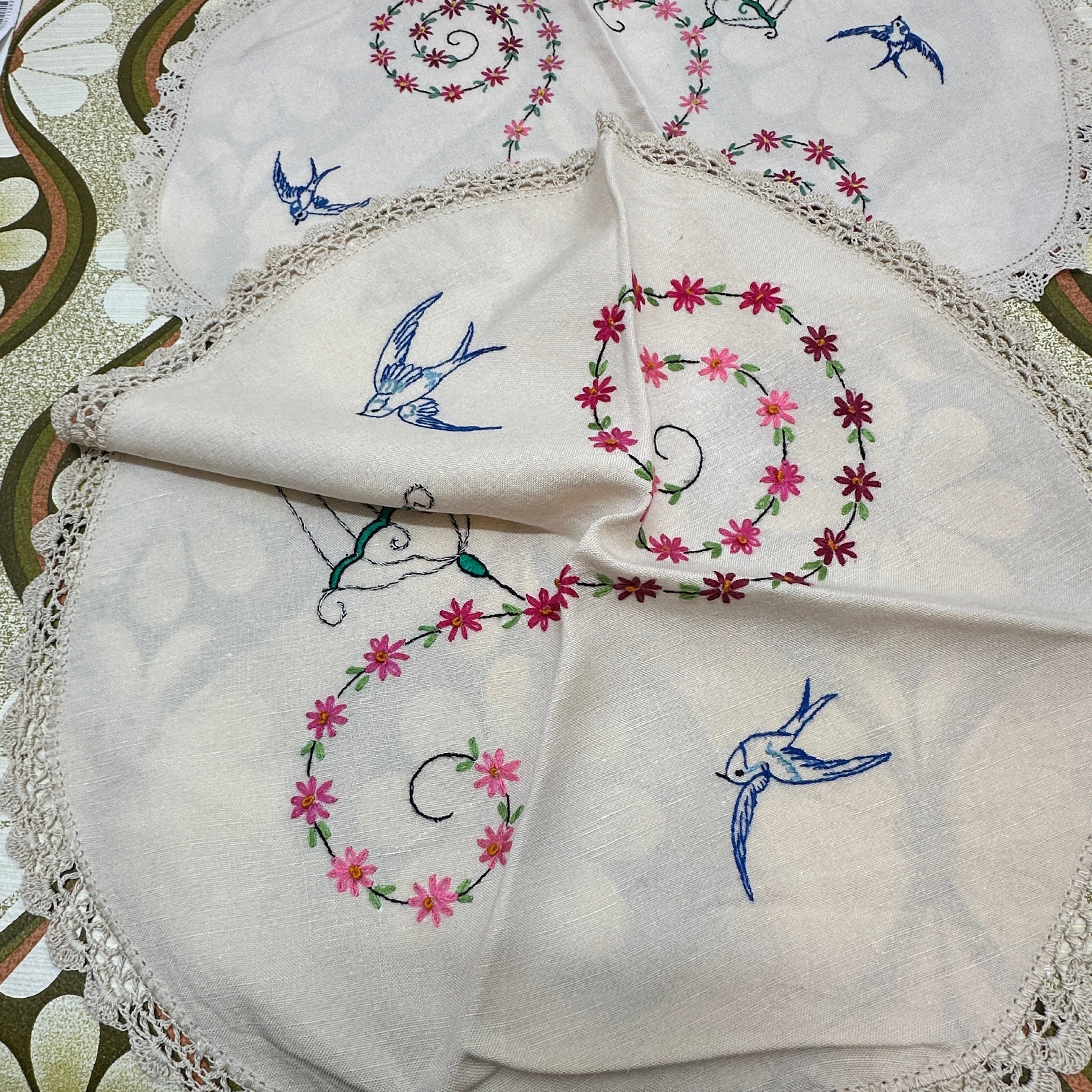 Vintage Hand Embroidered Linen Doilies