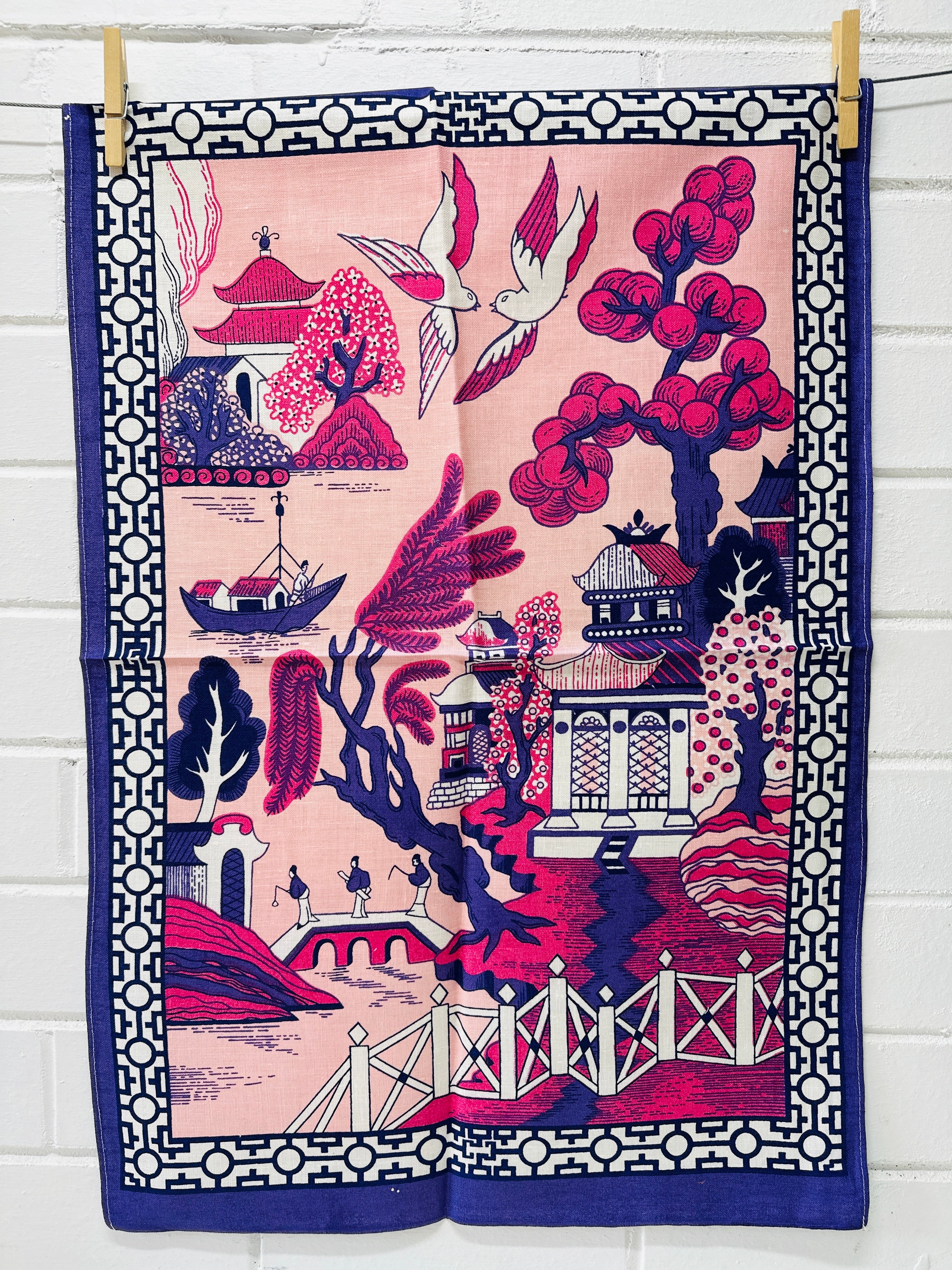 Unused Asian Inspired Pink Tea Towel