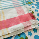 Large Linen UNUSED Vintage Tea Towel Pink & Blue