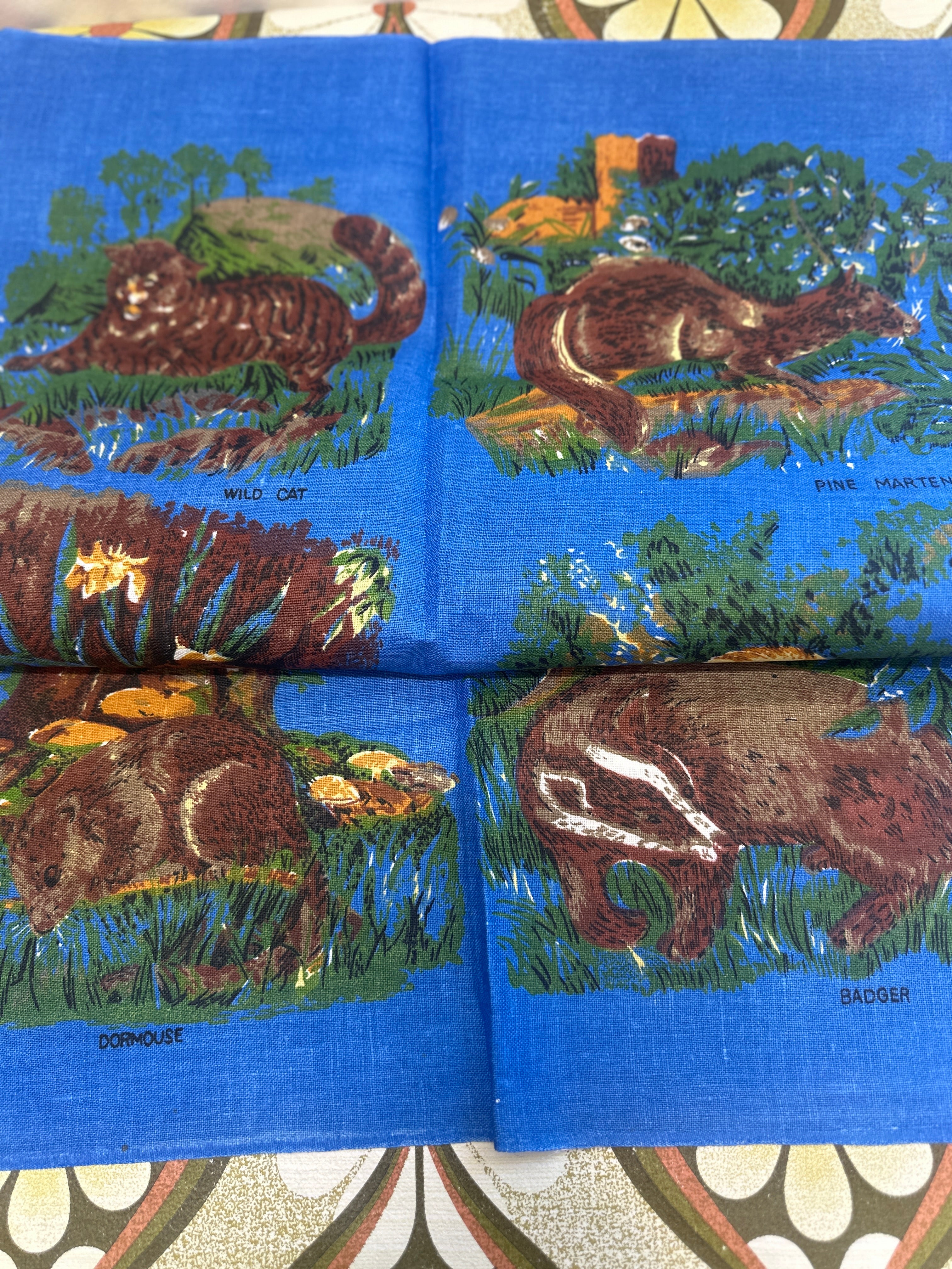 Pure Linen Blue Tea Towel Animals