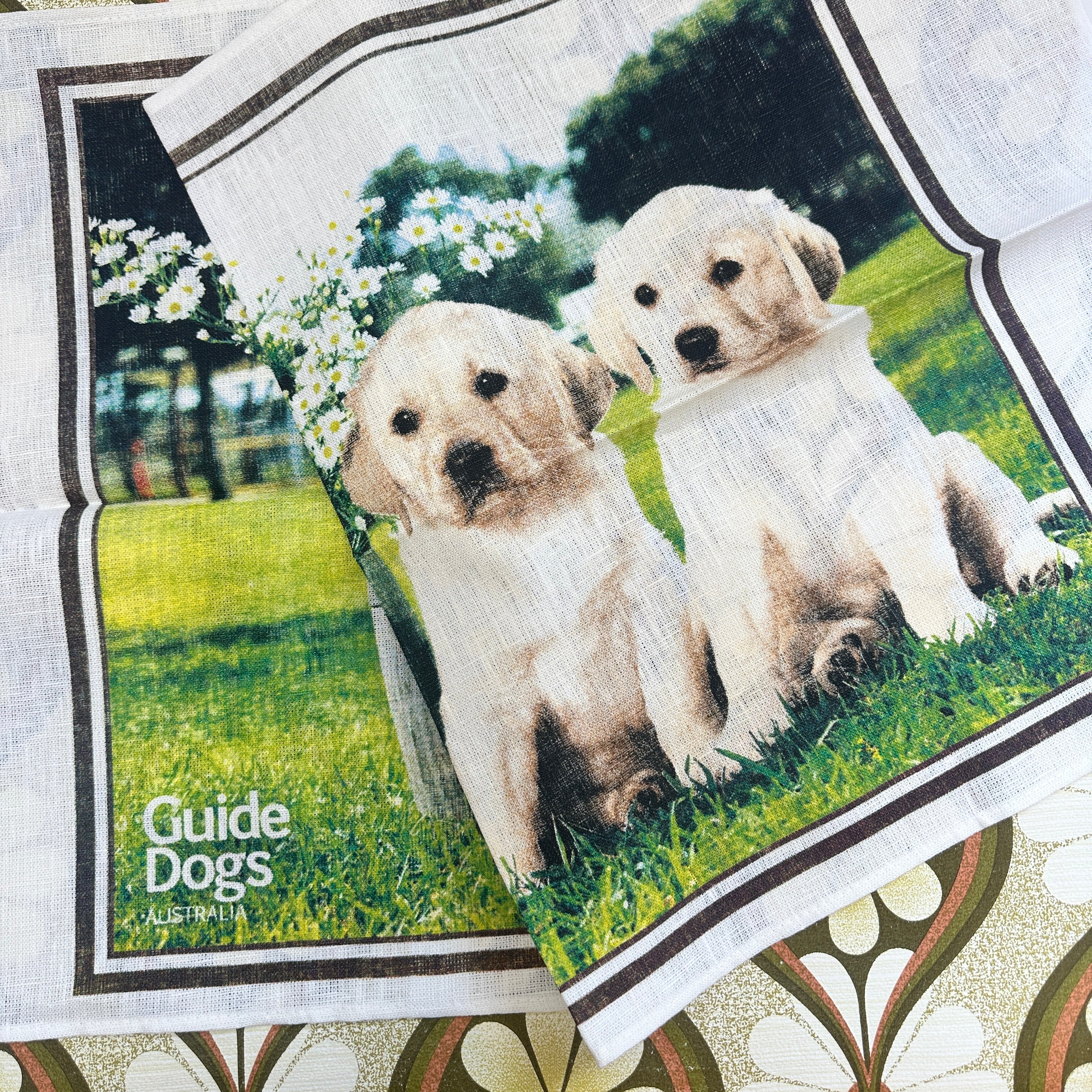 UNUSED Guide Dogs Tea Towel Flowers Rodriquez Linen