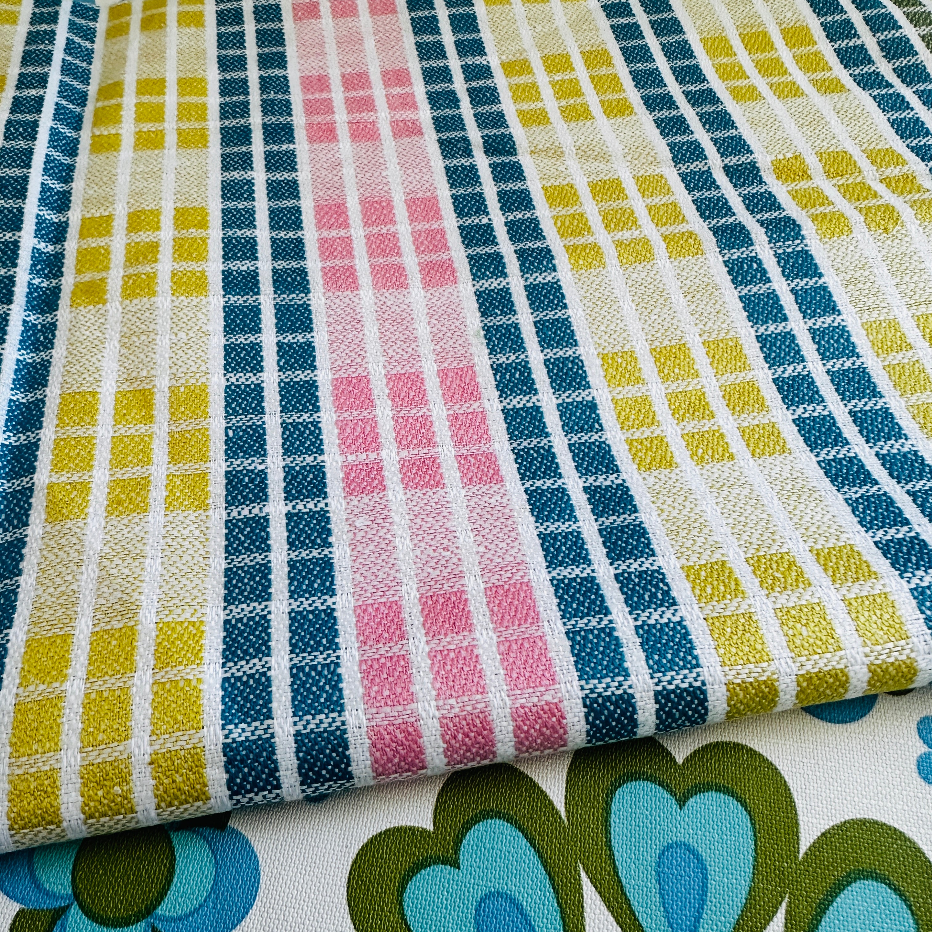 Unused Vintage Pink & Blue Tea Towel Cotton