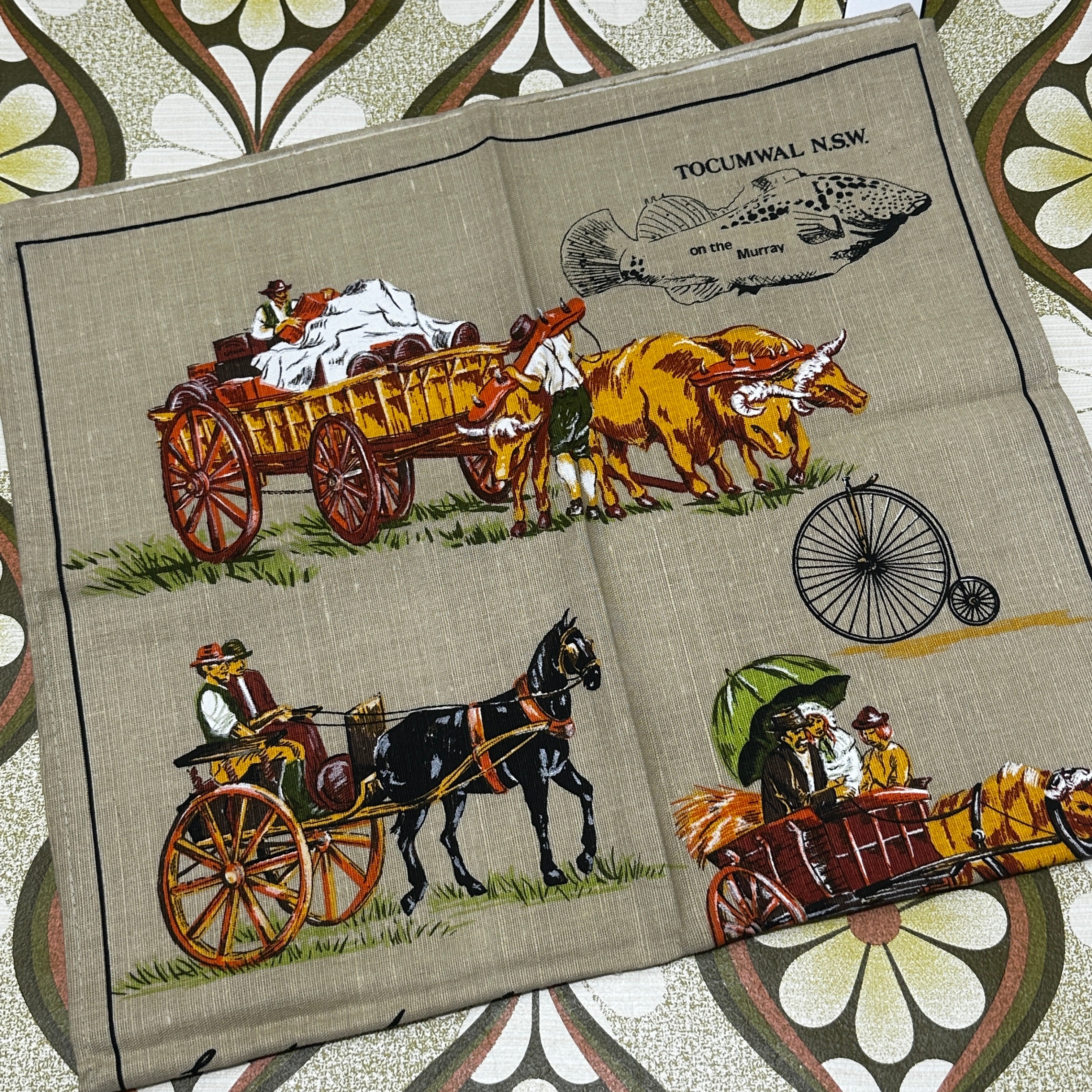 Early Transport Australia Vintage Linen Tea Towel UNUSED