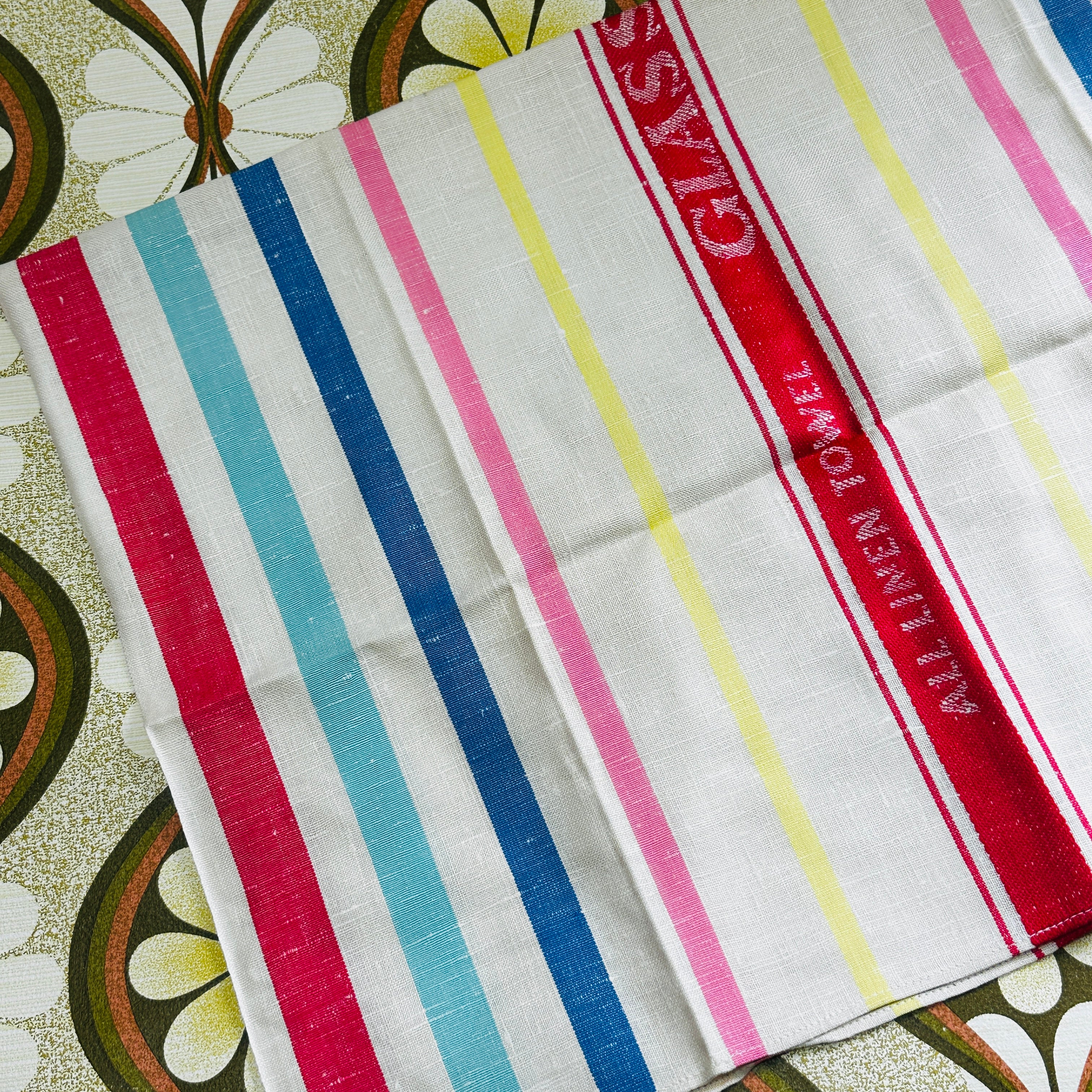 BOLD Striped Irish Vintage LINEN Tea Towel UNUSED