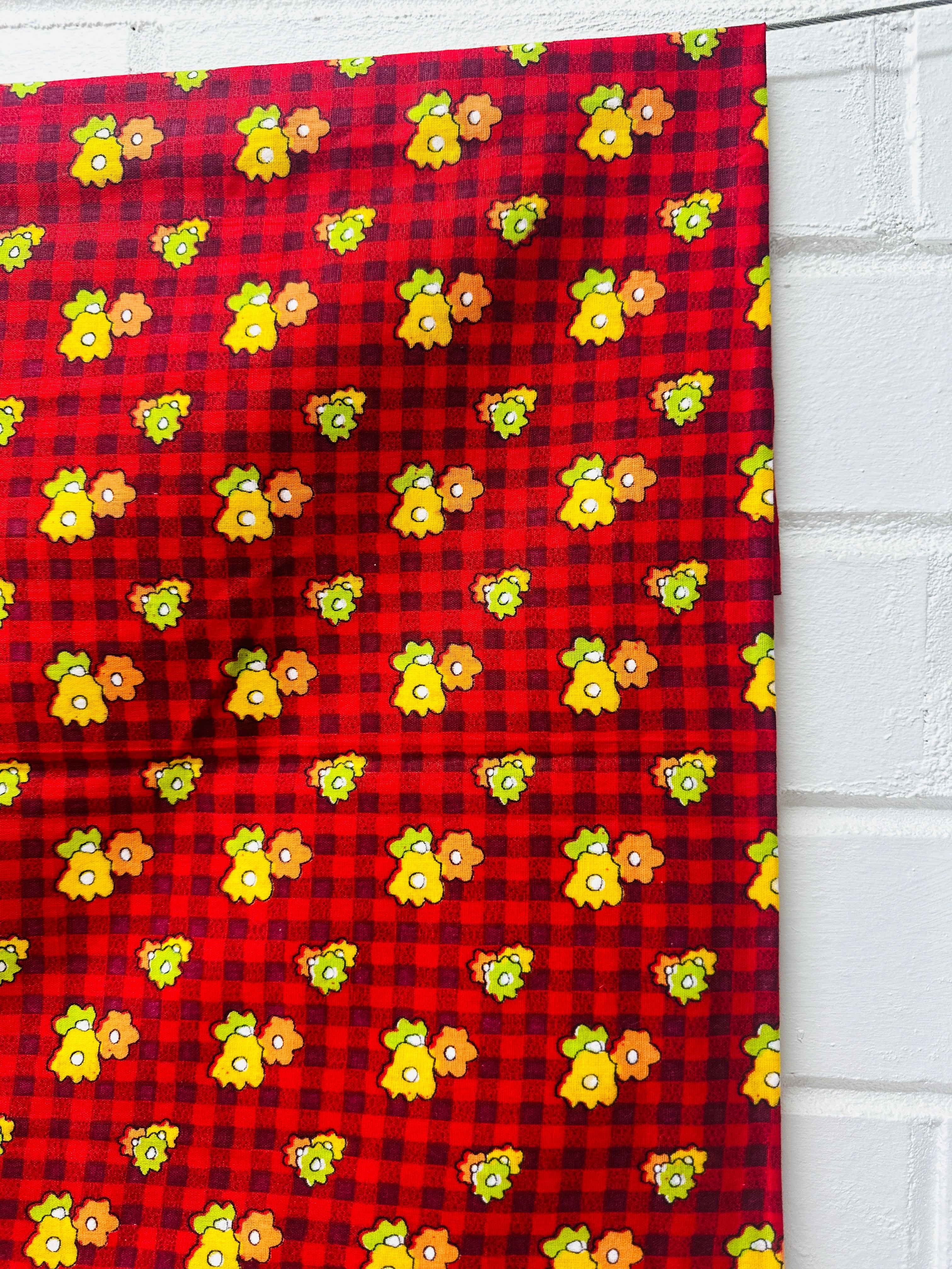 Vintage Japan Cotton Fabric Red Floral X Two