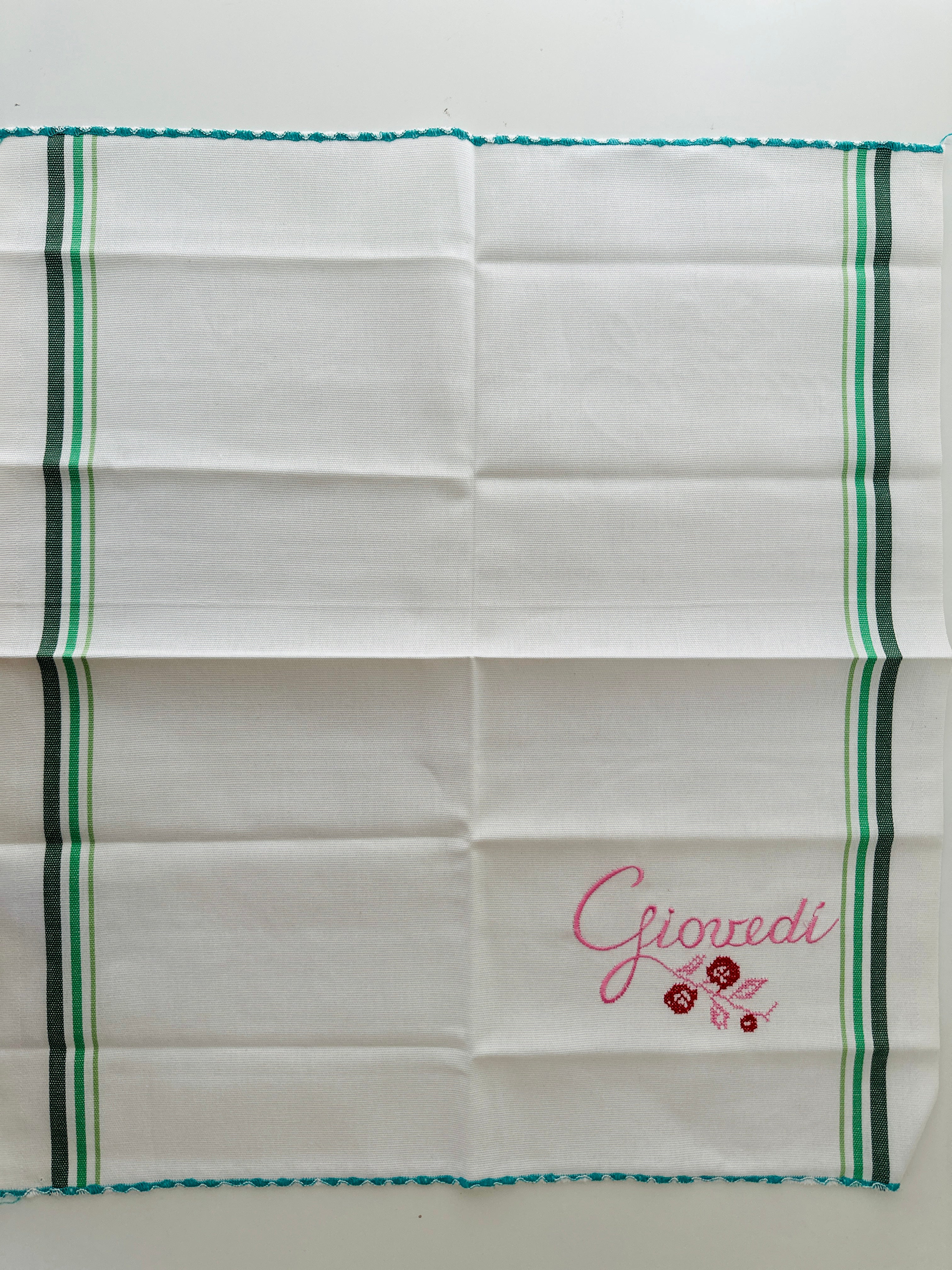 Green Embroidered Striped UNUSED Tea Towel