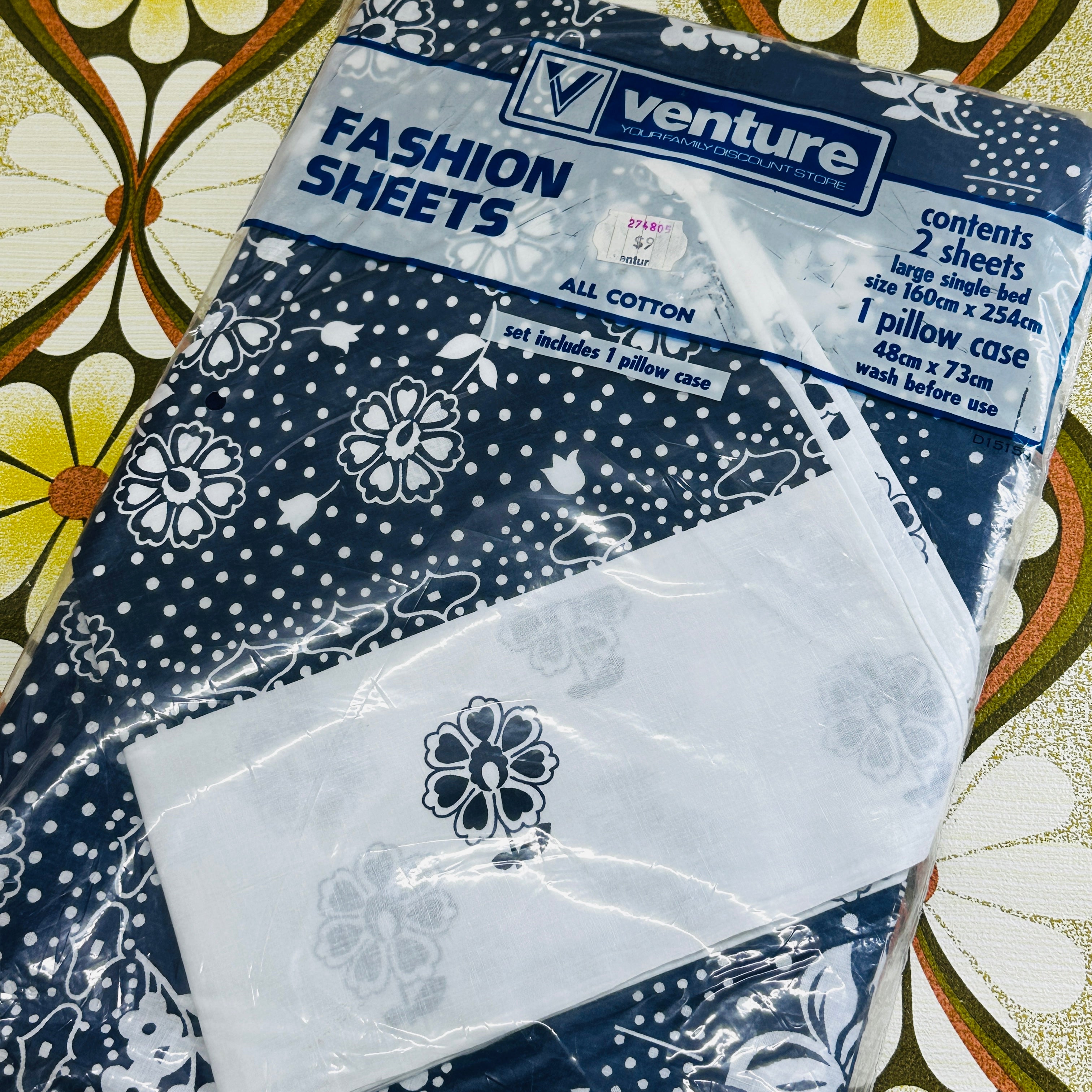 Fab All Cotton Vintage VENTURE Sheet Set Navy Blue & White