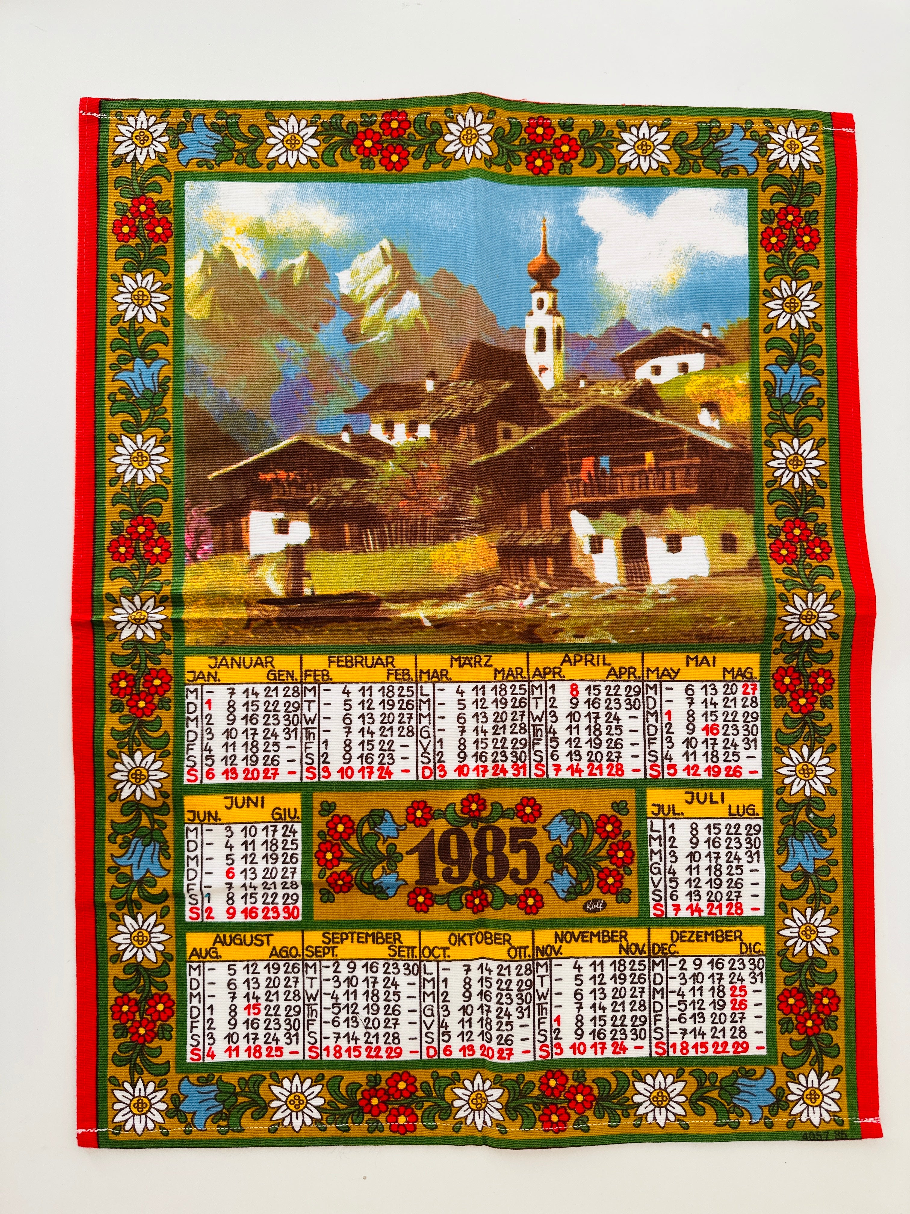 1985 Calendar Tea Towel Wall Hanging COTTON
