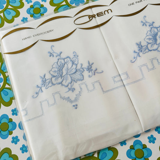 Blue & White OREM Hand Embroidered Pillow Cases