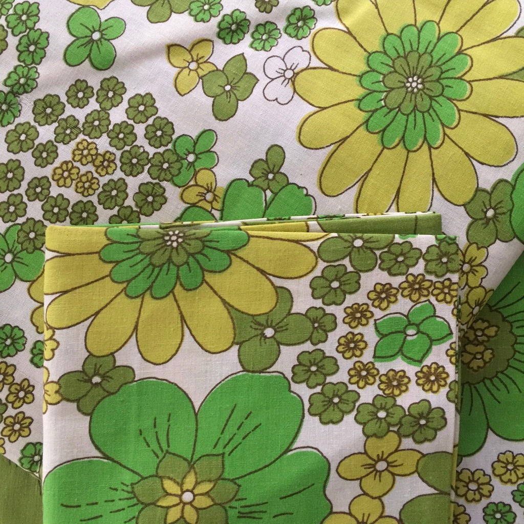 UNUSED Green FLORAL Cotton Sheet SET 70's BOLD Floral