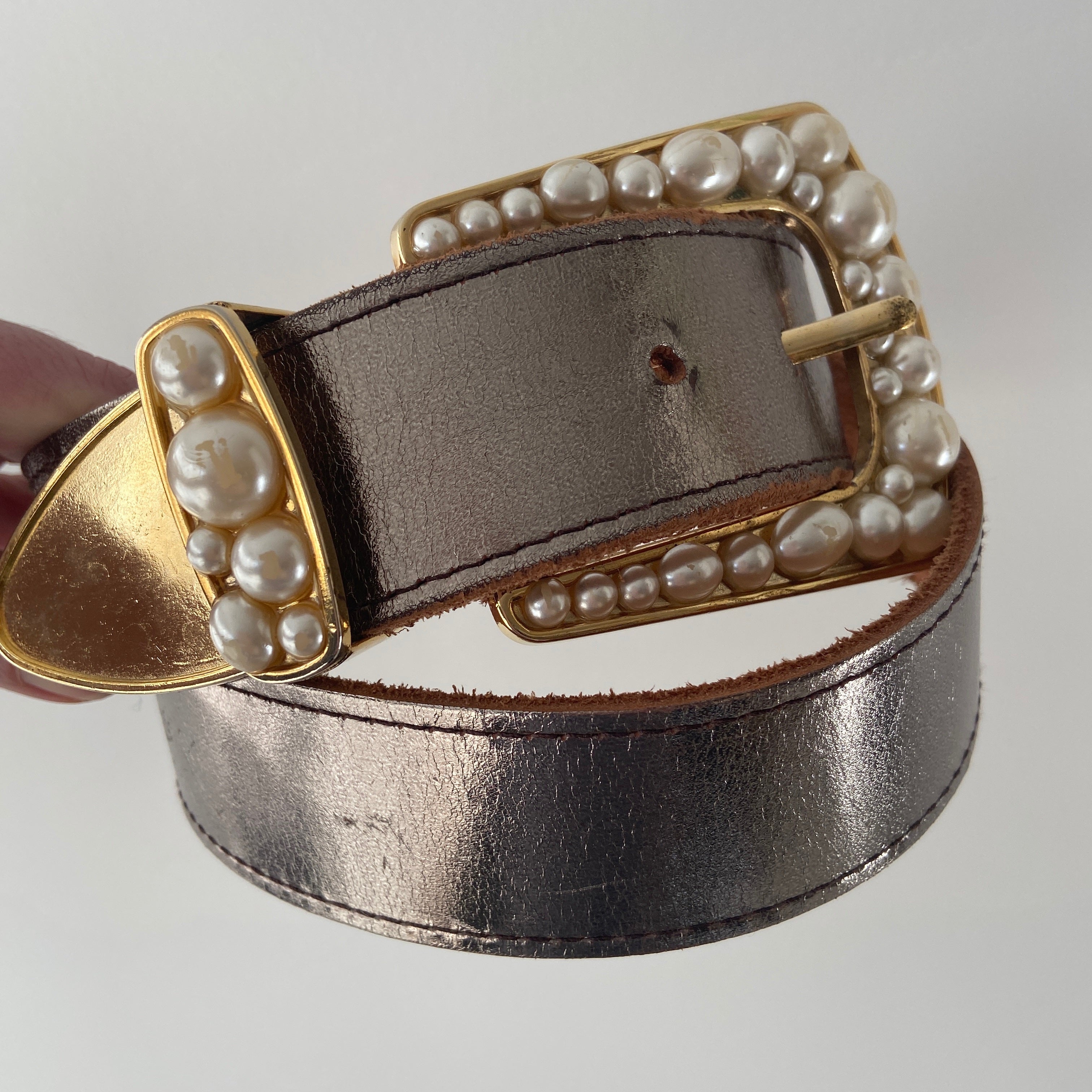 COOL WIDE LEATHER BELT Pearl Design Metallic