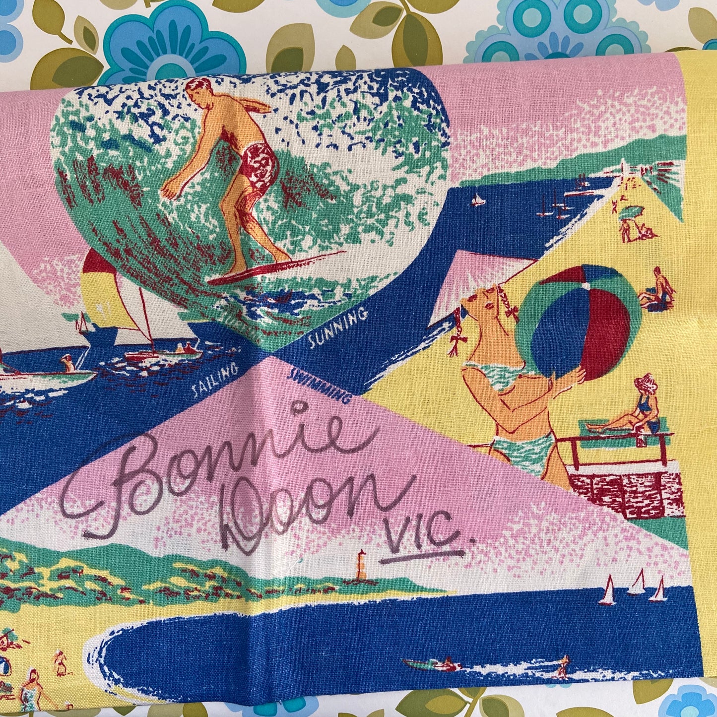 Pure Linen Fast Colours BONNIE DOON RETRO Surfing Tea Towel