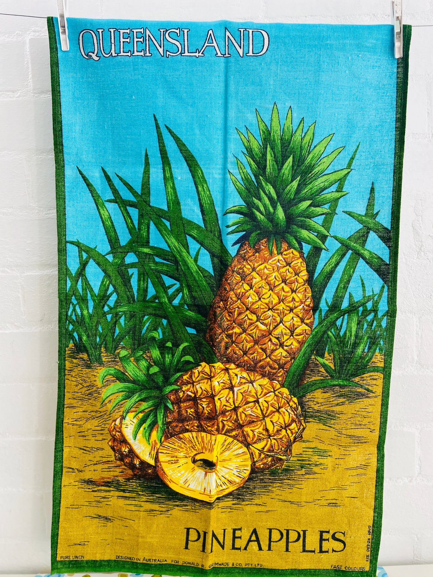 QUEENSLAND Pineapples Pure Linen UNUSED Retro Tea Towel