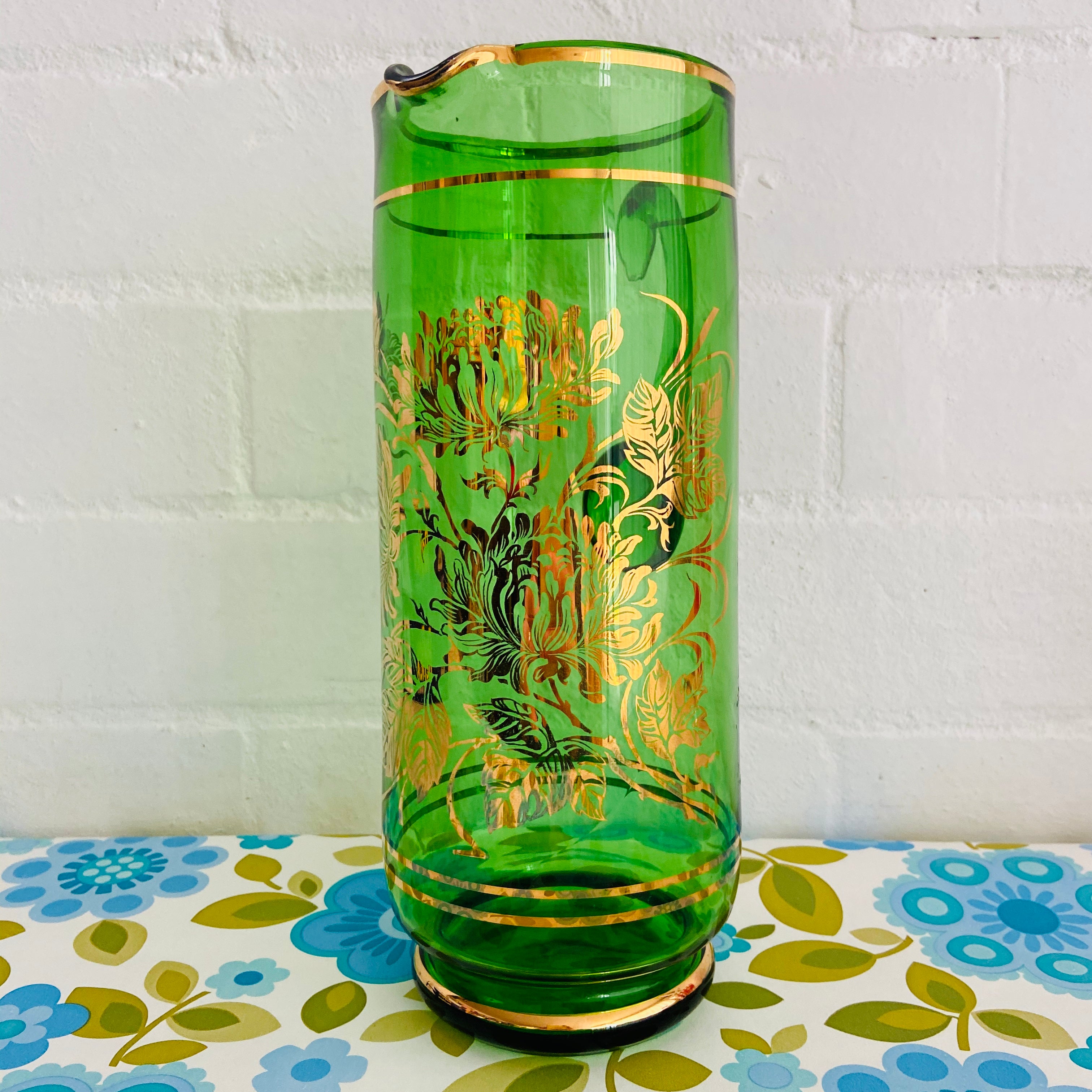 Large Green Glass Gold Embossing Leaf Print Retro Dinner Party