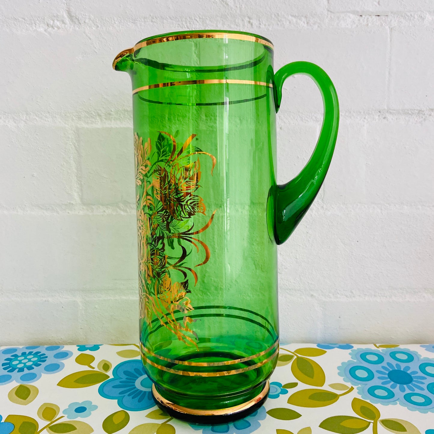 Large Green Glass Gold Embossing Leaf Print Retro Dinner Party