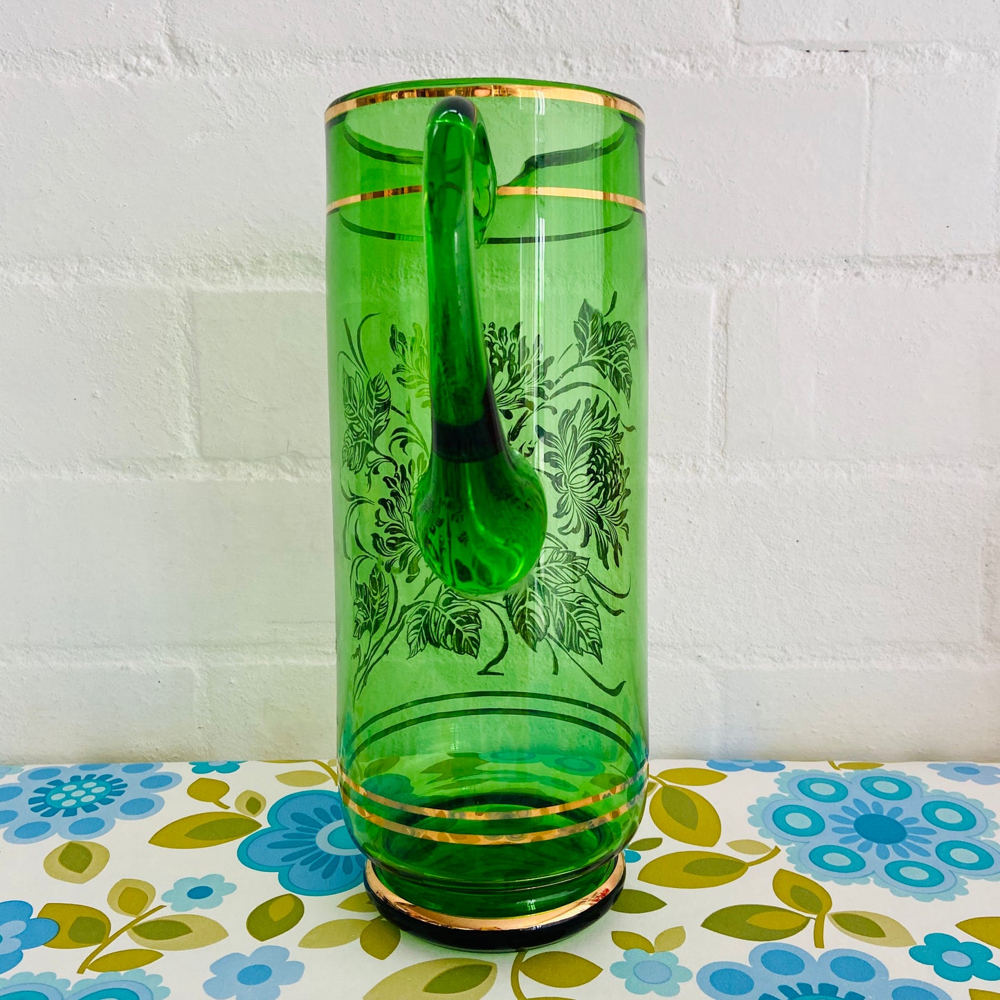 Large Green Glass Gold Embossing Leaf Print Retro Dinner Party